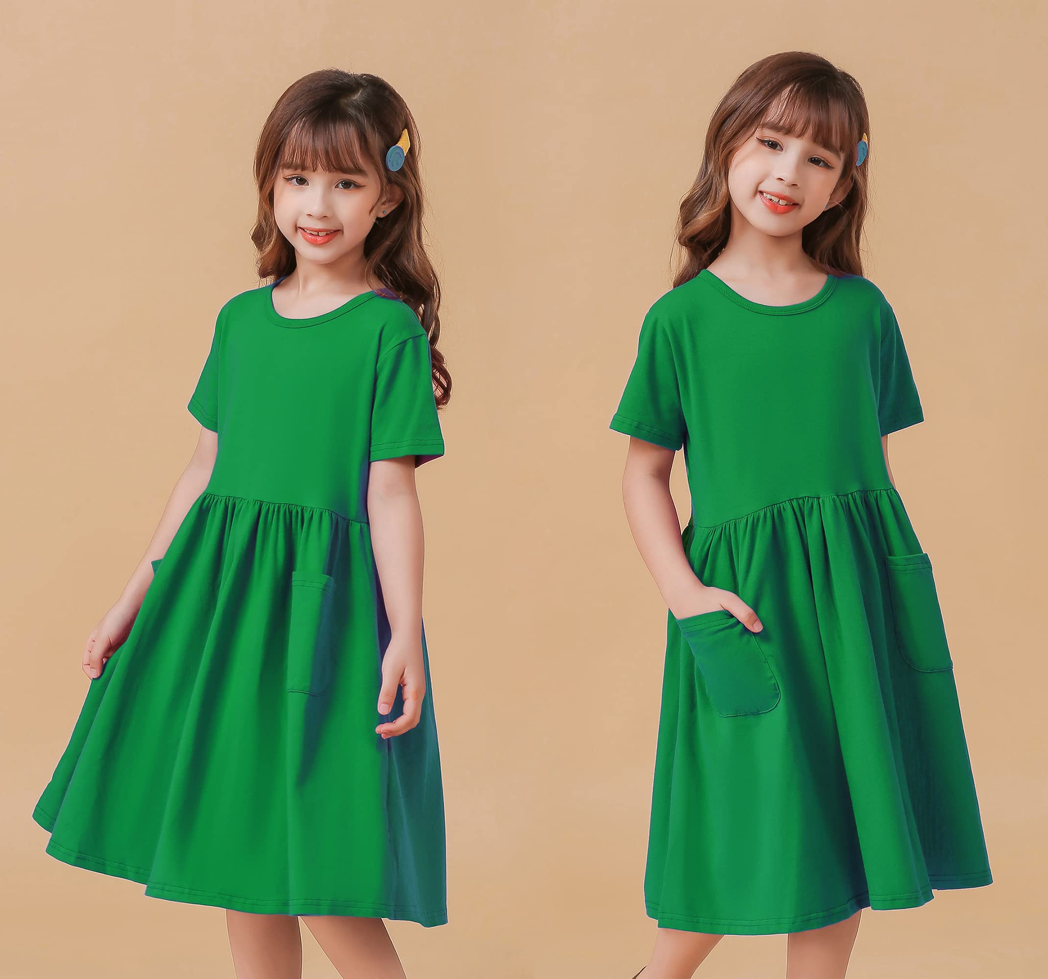 Girls Short Sleeve A-Line Pleated Dress - Solid Color Casual Pocket Dress for Kids | Perfect for School, Playdates & Summer Outings