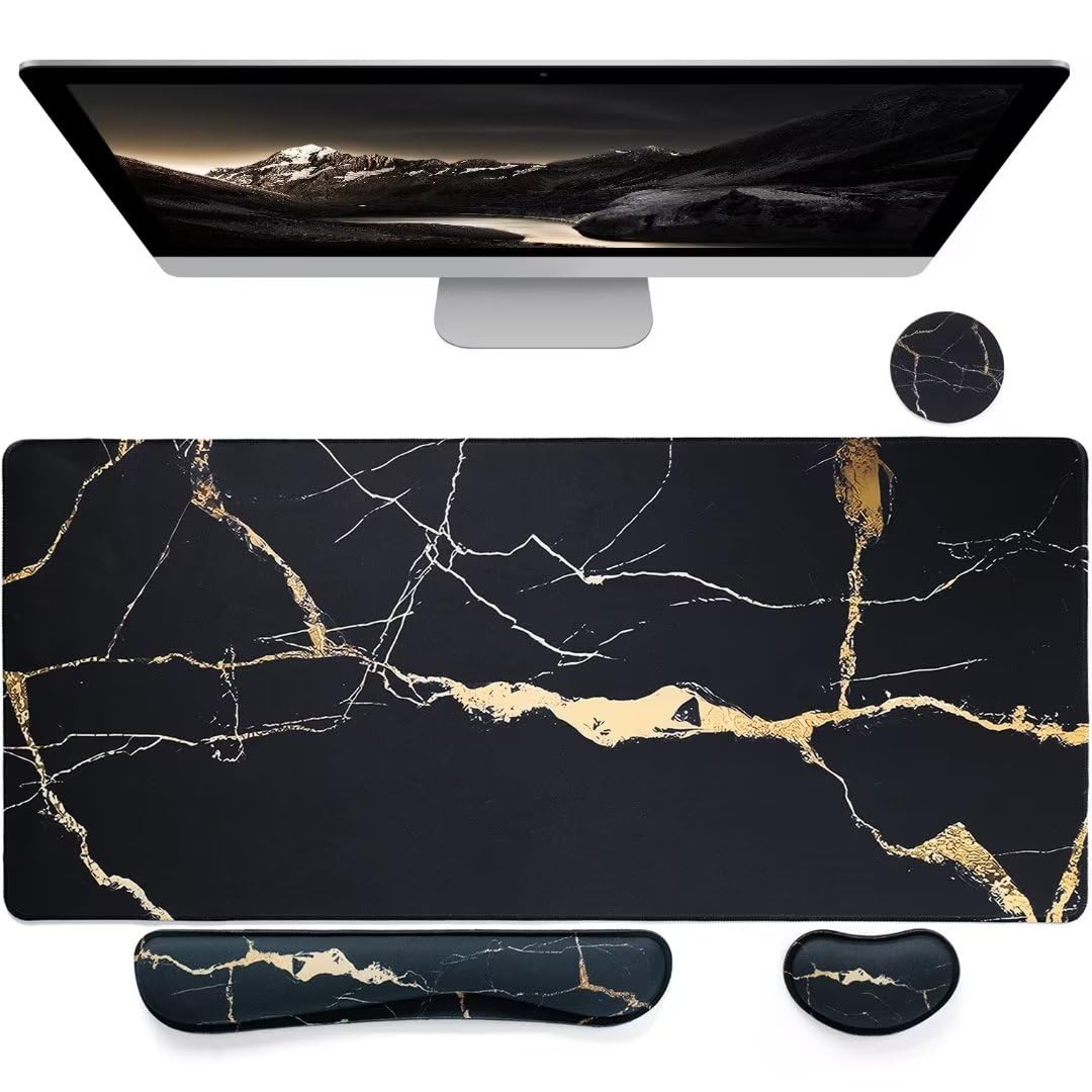 Bloss Ergonomic Mouse Pad and Keyboard Wrist Rest Set (4 Pcs) - Non-Slip Desk Mat Protector, Extra Large Gaming Mousepad (31.5×15.7 Inches) - Black Marble Design for Office, Home & Gaming Workstations - Perfect for Typing, Coding & Long Computer Sessions