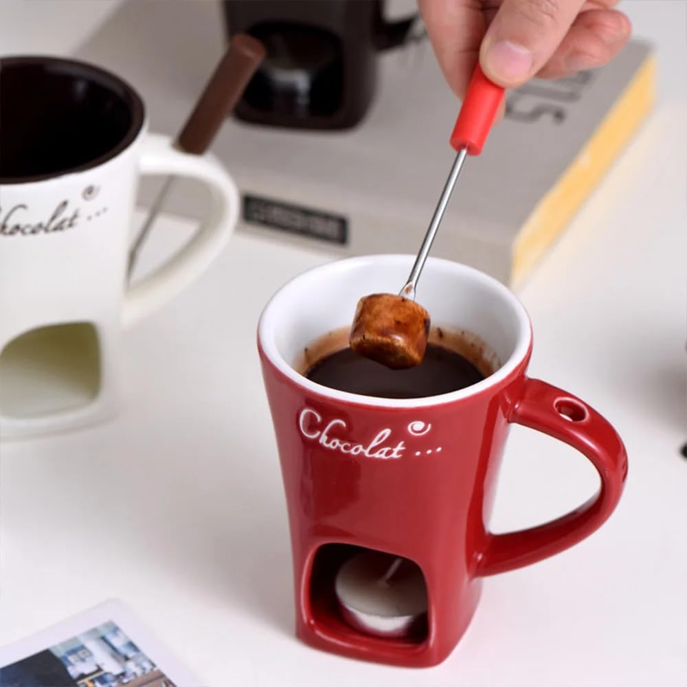 Premium Chocolate Fondue Mugs Set - 4.58oz Ceramic Melting Pots with Forks for Cheese, Caramel & Chocolate | Includes Tealight Candle Holder | Perfect for Valentine's Day, Romantic Dinners & Dessert Parties (White)