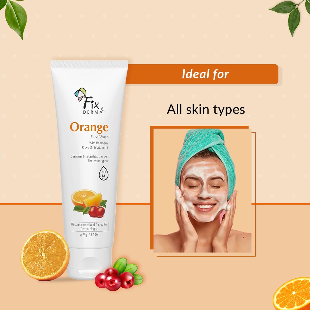 Fixderma Orange Face Wash with Vitamin E & Bearberry - Tan Removal & Brightening Cleanser for Oily, Dry & Combination Skin - Gentle Daily Face Wash for Men & Women (75g) - Perfect for Morning & Night Skincare Routine
