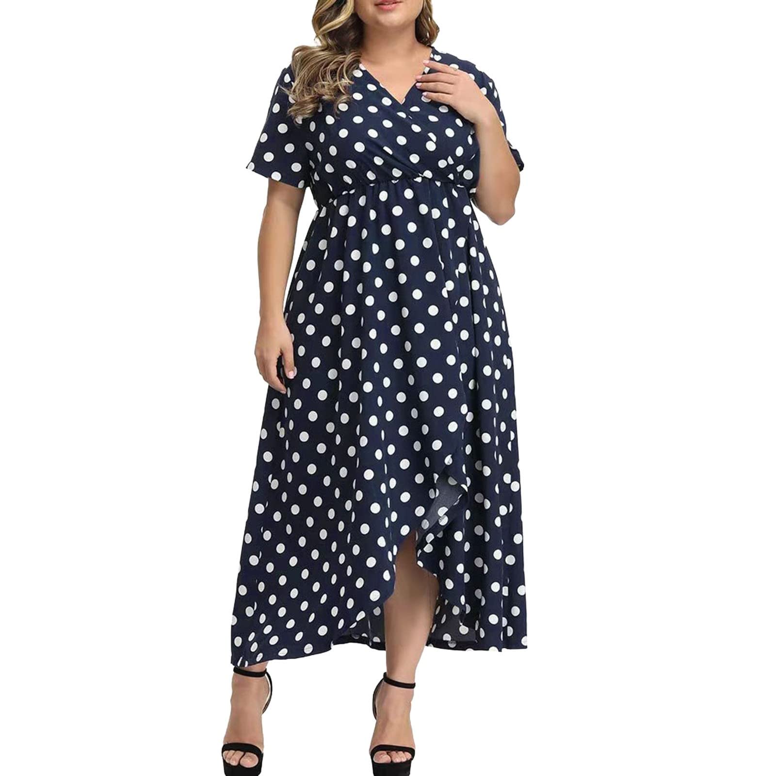 Plus Size Women's Summer Casual Dress - Floral Print V-Neck Short Sleeve Maxi Dress with Side Slit | Perfect for Beach Vacation, Holiday Party & Everyday Wear