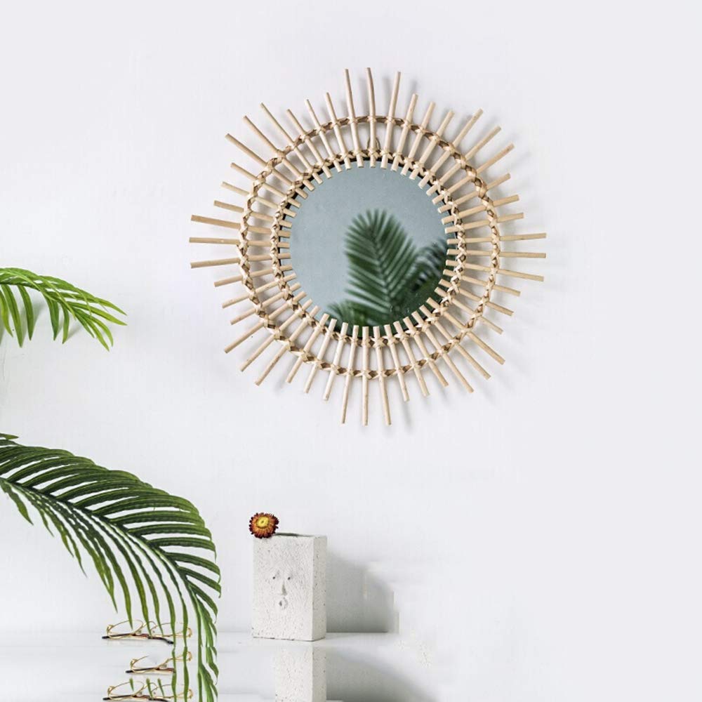 LDFZ Vanity Makeup Mirror with Rattan Border - Art Deco Round Wall Mirror for Home Decor, DIY Modern Living Room & Bedroom Decoration | Perfect for Dressing Table, Bathroom Vanity, and Gift Giving