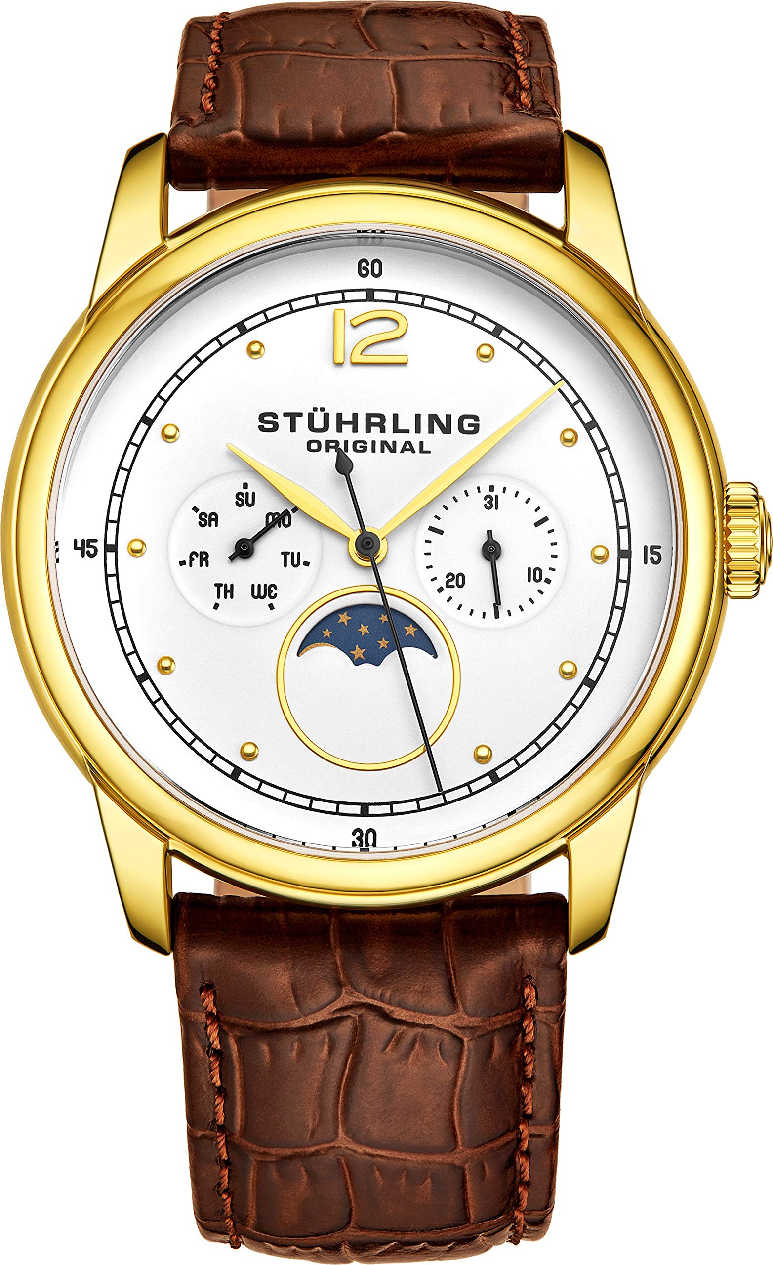 Stuhrling Original Men's Moon Phase Dress Watch - Stainless Steel Case & Genuine Leather Band - Analog Dial with Day & Date Display - Celestia Collection - Perfect for Business, Formal Events & Gift Giving