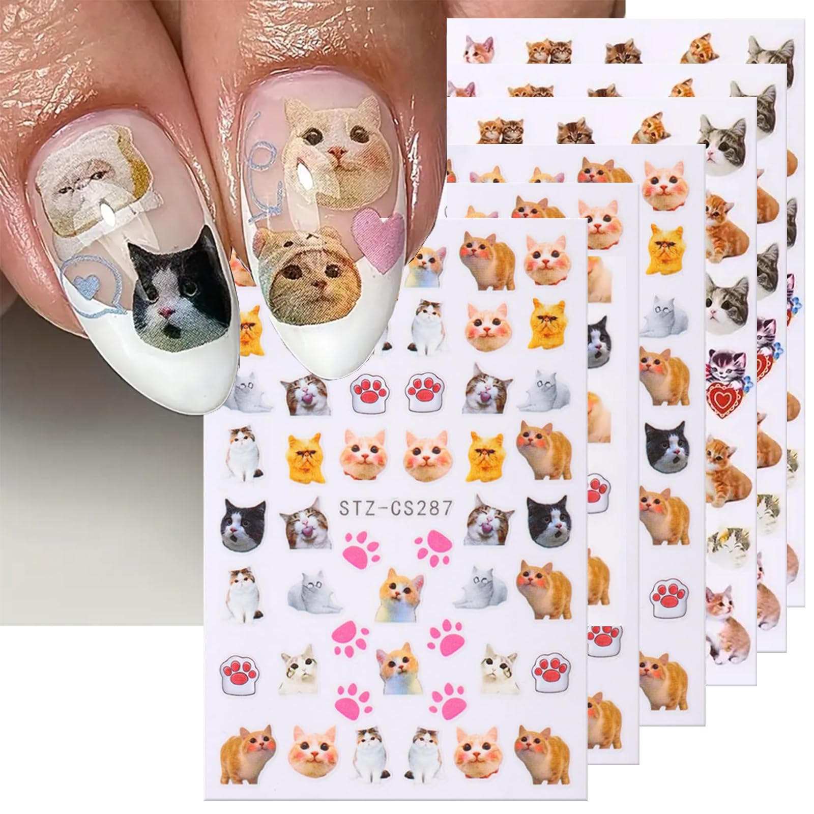 6 Sheets Cute Cat Nail Art Stickers - 3D Self-Adhesive Animal Nail Decals with Cat Paw Prints, Kawaii Cartoon Nail Designs for Women Manicure - Perfect for DIY Nail Art, Parties, and Gift Giving