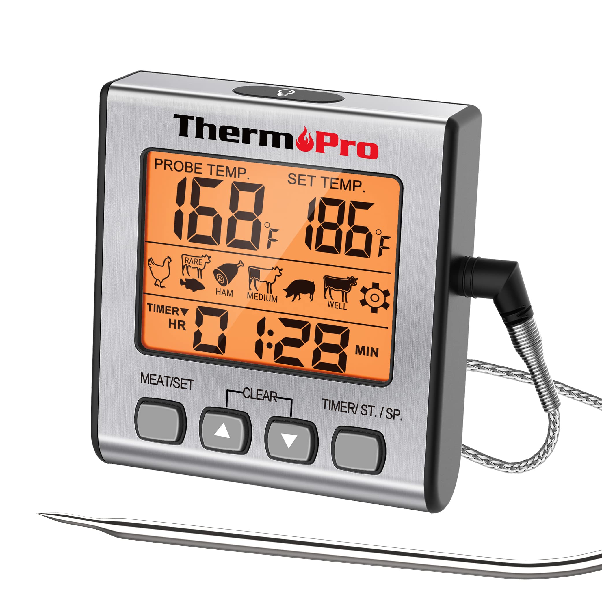 ThermoPro TP16S Digital Meat Thermometer with Backlight & Timer - Instant Read Cooking Thermometer for Grilling, BBQ, Smoking, Baking, Oven & Oil Frying - Perfect for Indoor & Outdoor Kitchen Use