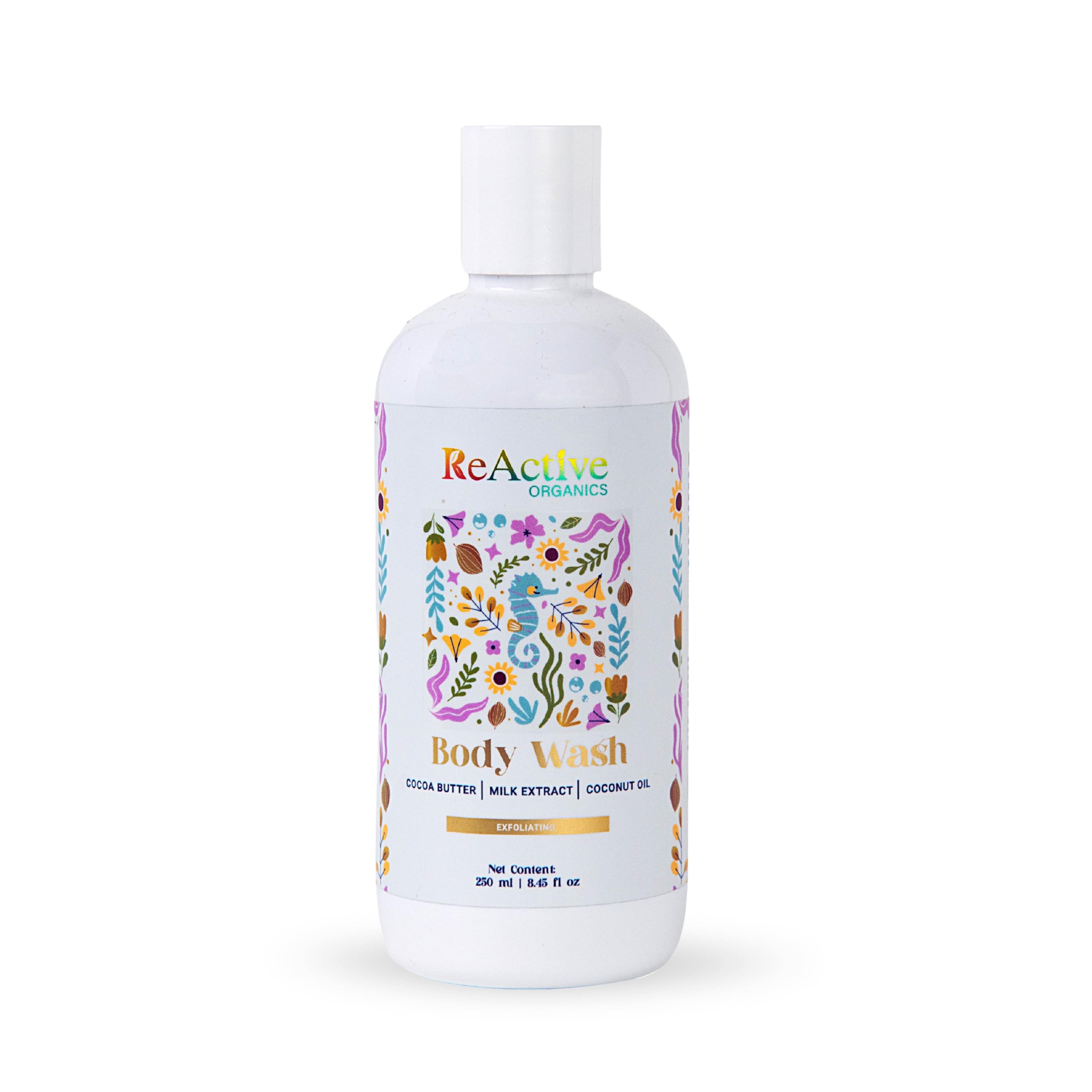 ReActive Organics Exfoliating Body Wash with Coconut Oil, Milk Extract & Cocoa Butter - Hydrating & Brightening Sulfate-Free, Paraben-Free Body Cleanser for Men & Women (250ml) - Perfect for Daily Shower & Spa-Like Skin Care Routine