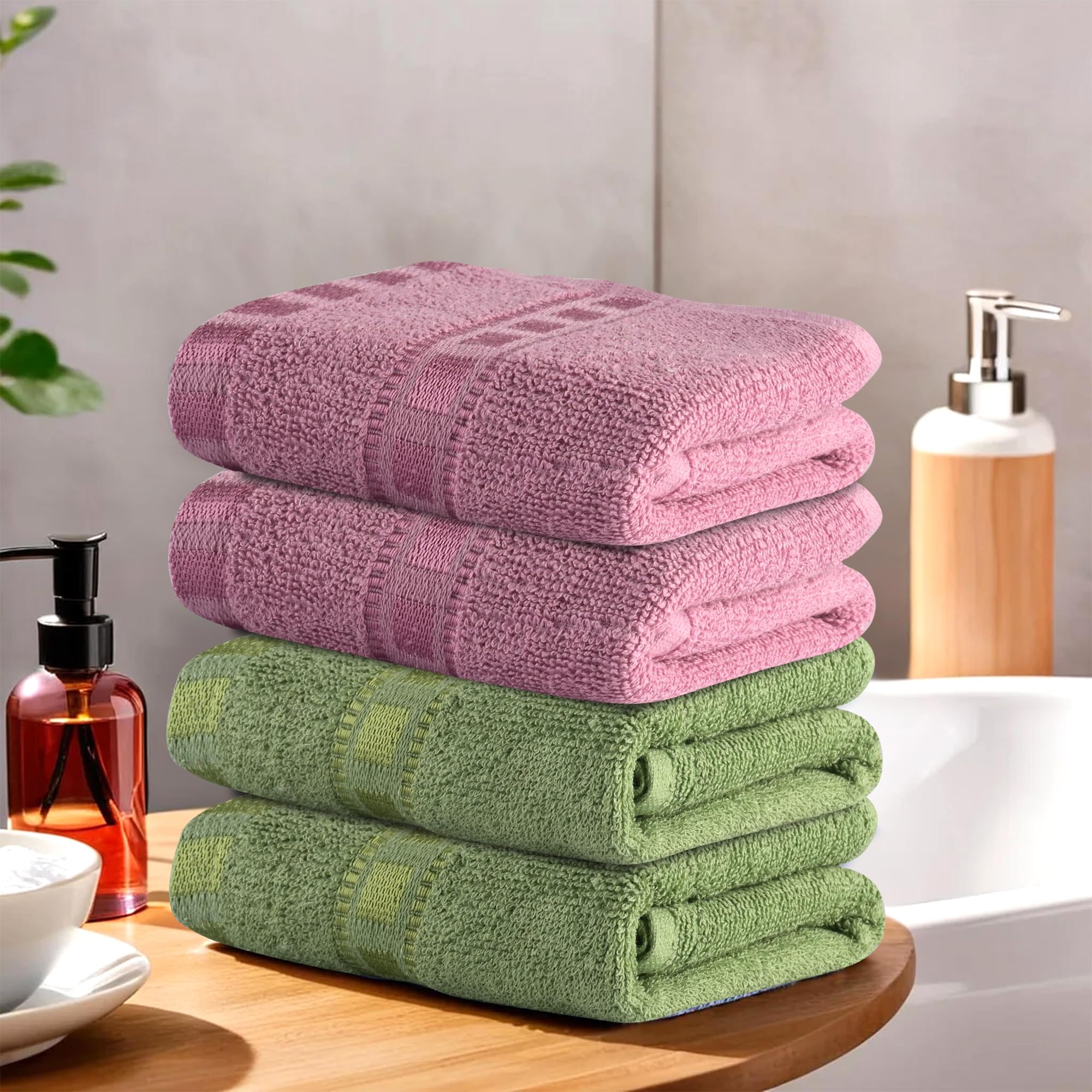 Heart Home Pack of 4 Soft Cotton Hand & Face Towels for Men & Women | Quick-Dry & Absorbent Gym Towels | Perfect for Workout, Yoga, Travel & Daily Use | Green & Pink