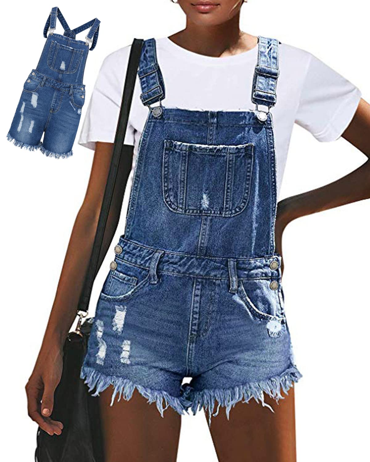 RINTONIX Women's Distressed Denim Overalls Shorts - Ripped Raw Hem Jean Shortall Romper with Pockets | Casual Summer Outfit, Music Festival, Streetwear Fashion
