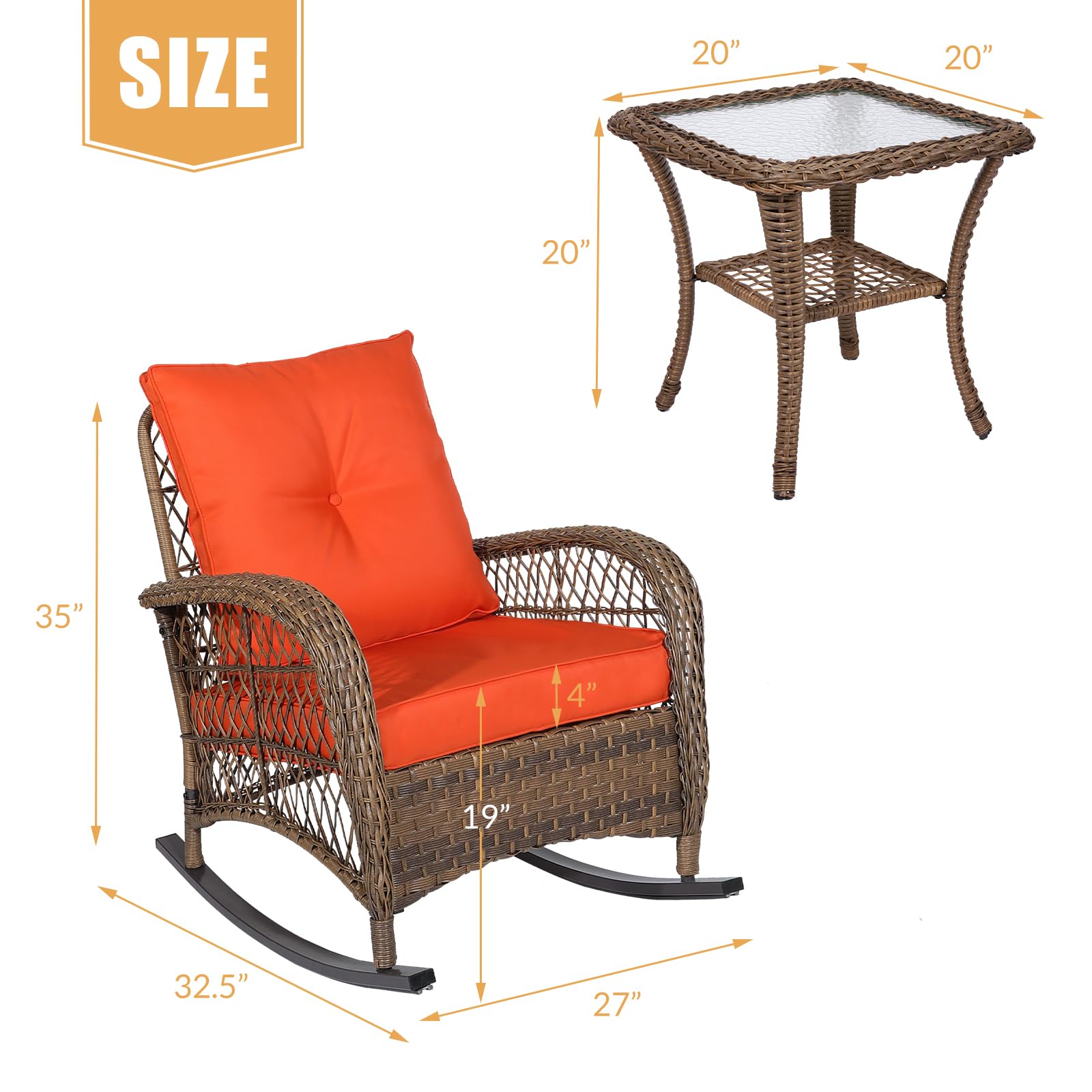 3-Piece Outdoor Patio Rocking Chair Set with Cushions & Glass-Top Coffee Table - Rattan Bistro Conversation Set for Porch, Backyard & Garden - Perfect for Relaxing, Entertaining & Outdoor Dining (Orange)