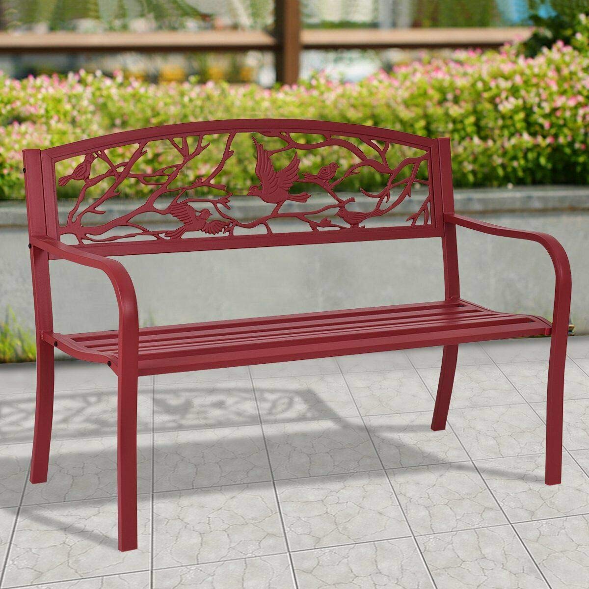 MAREEYA SHOP Cast Iron Garden Bench - Outdoor Patio Furniture for Yard, Park & Porch - Durable Red Metal Chair for Relaxing in Backyard, Garden or Outdoor Spaces