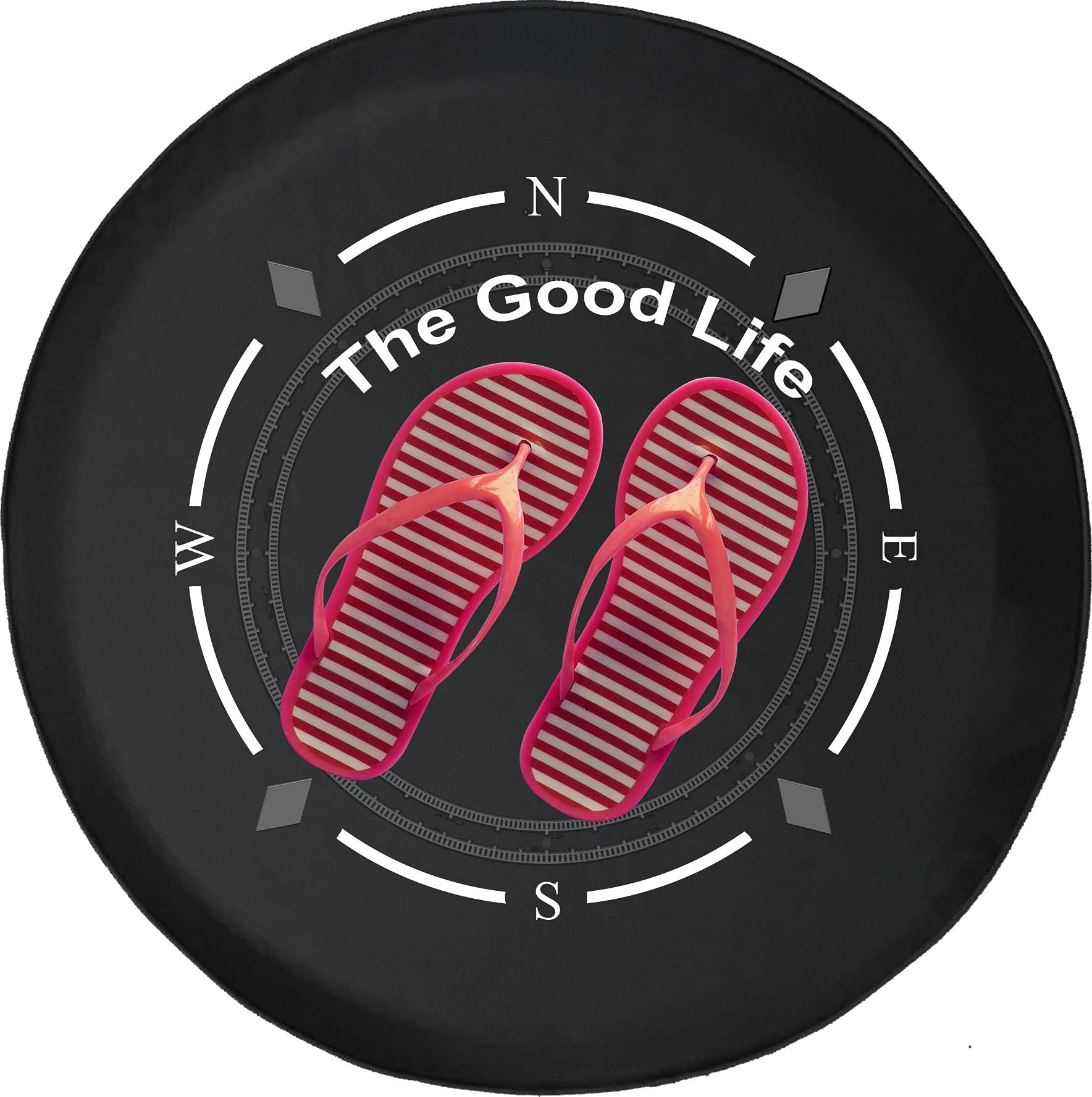 Premium American Unlimited Spare Tire Cover with Compass Design - Durable SUV, Trailer & RV Wheel Accessories for Off-Road Adventures | The Good Life Red Flip Flops Beach Edition | Fits Most Vehicle Types