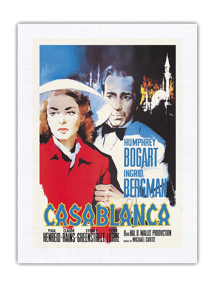 Vintage Casablanca Movie Poster 24x32in - Humphrey Bogart & Ingrid Bergman Classic Film Art Print on 100% Silk Dupioni Fabric - Pacifica Island Art by Silvano Nano Campeggi c.1942 - Perfect for Home Theater Decor, Film Collector Gifts & Vintage Hollywood Memorabilia