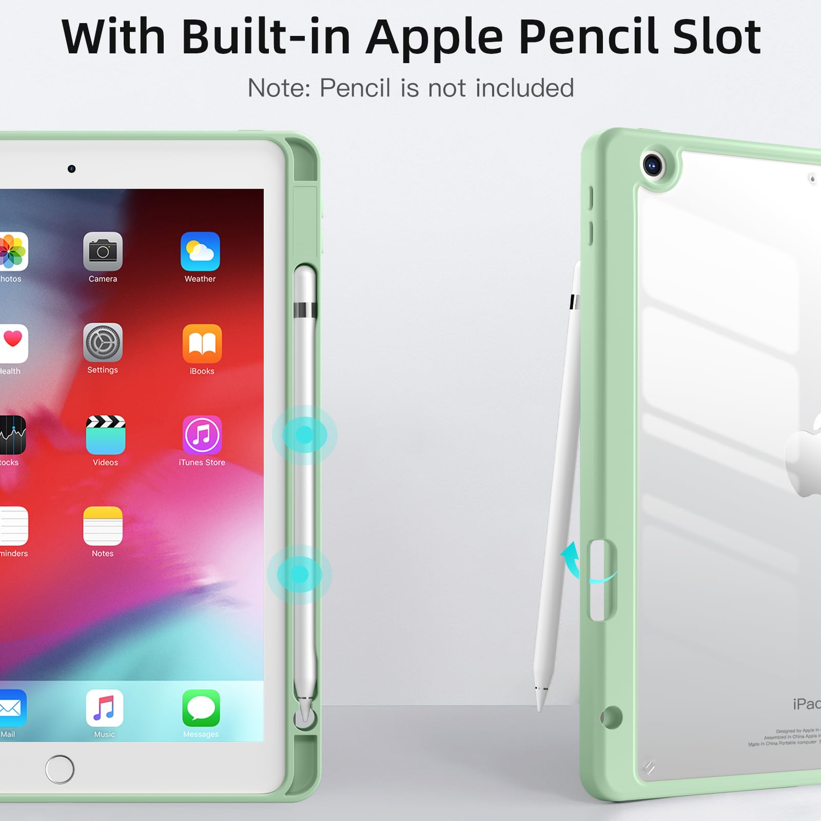 Wenlaty iPad 9th/8th/7th Generation Case (2021/2020/2019) - 10.2 Inch Clear Protective Cover with Pencil Holder | Auto Sleep/Wake Function | Mint Green | Perfect for School, Work & Travel Protection