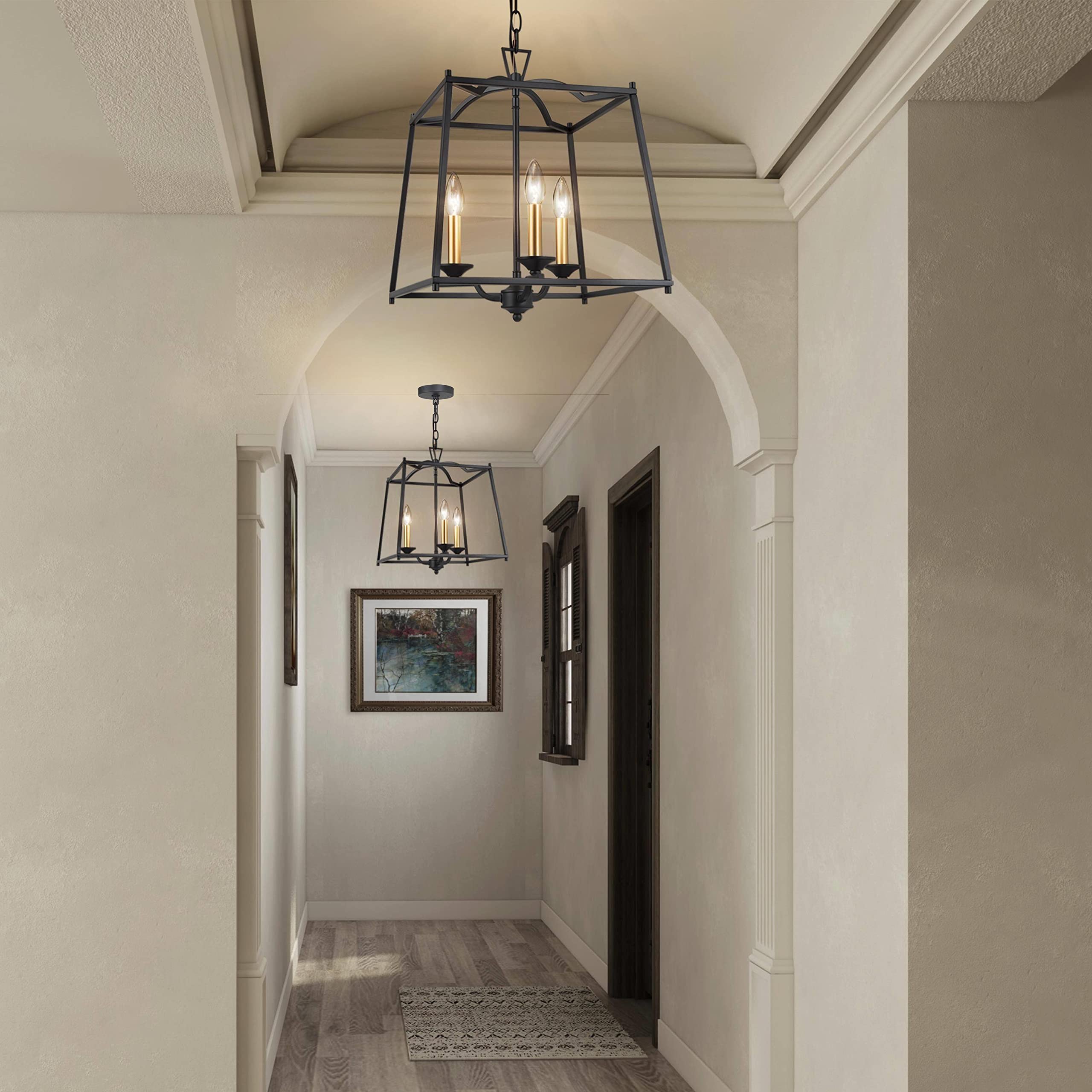 Modern Black Chandelier with Gold Square Lantern - 3-Light Fixture for Dining Room, Bedroom, Living Room, Entryway & Kitchen Island - Elegant Large Ceiling Light for Home Decor & Interior Design