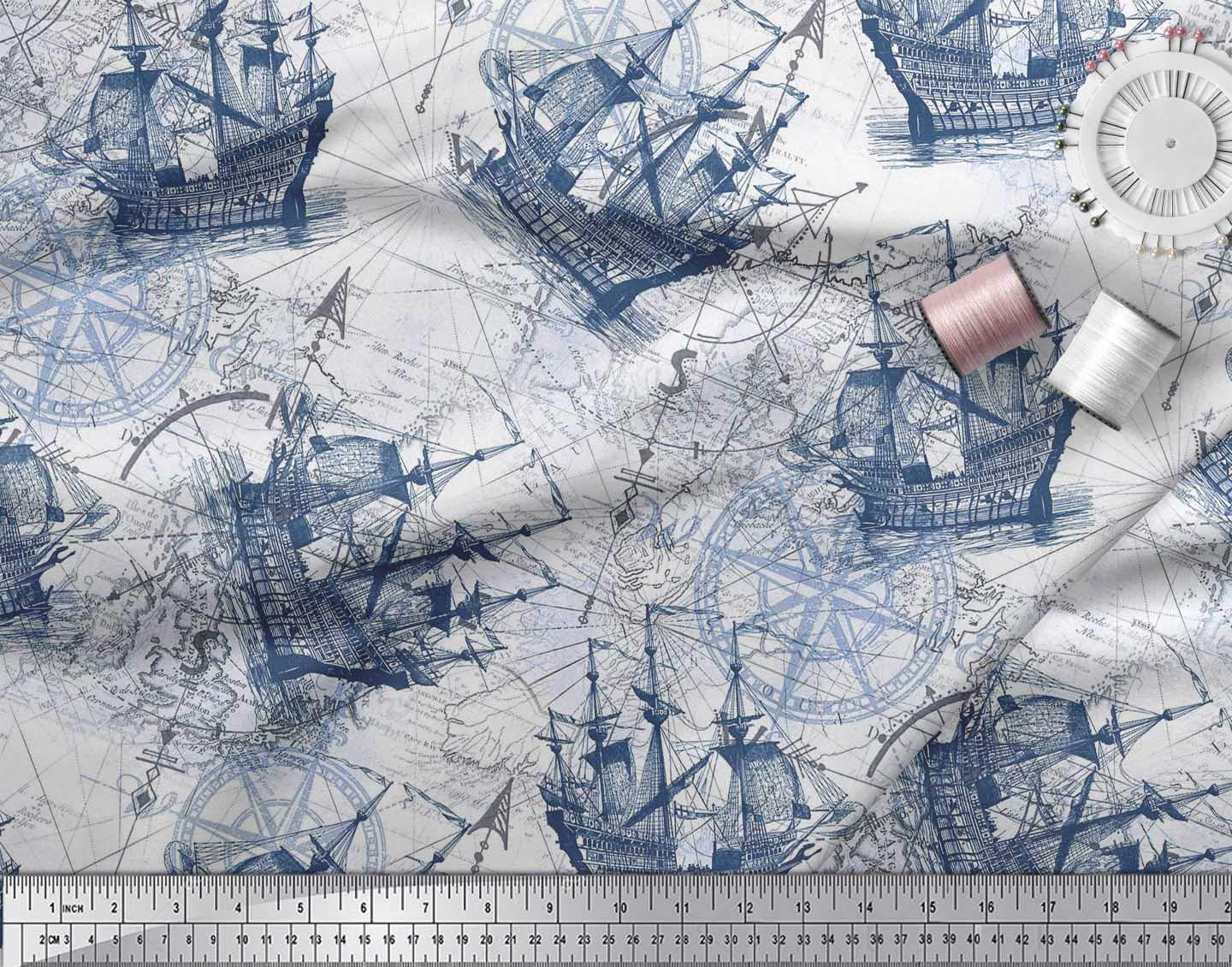 Soimoi Blue Polyester Crepe Fabric by The Yard - 52 Inch Wide Nautical Print Fabric with Ship & Compass Design - Perfect for DIY Nautical Decor, Marine-Themed Clothing, and Home Sewing Projects