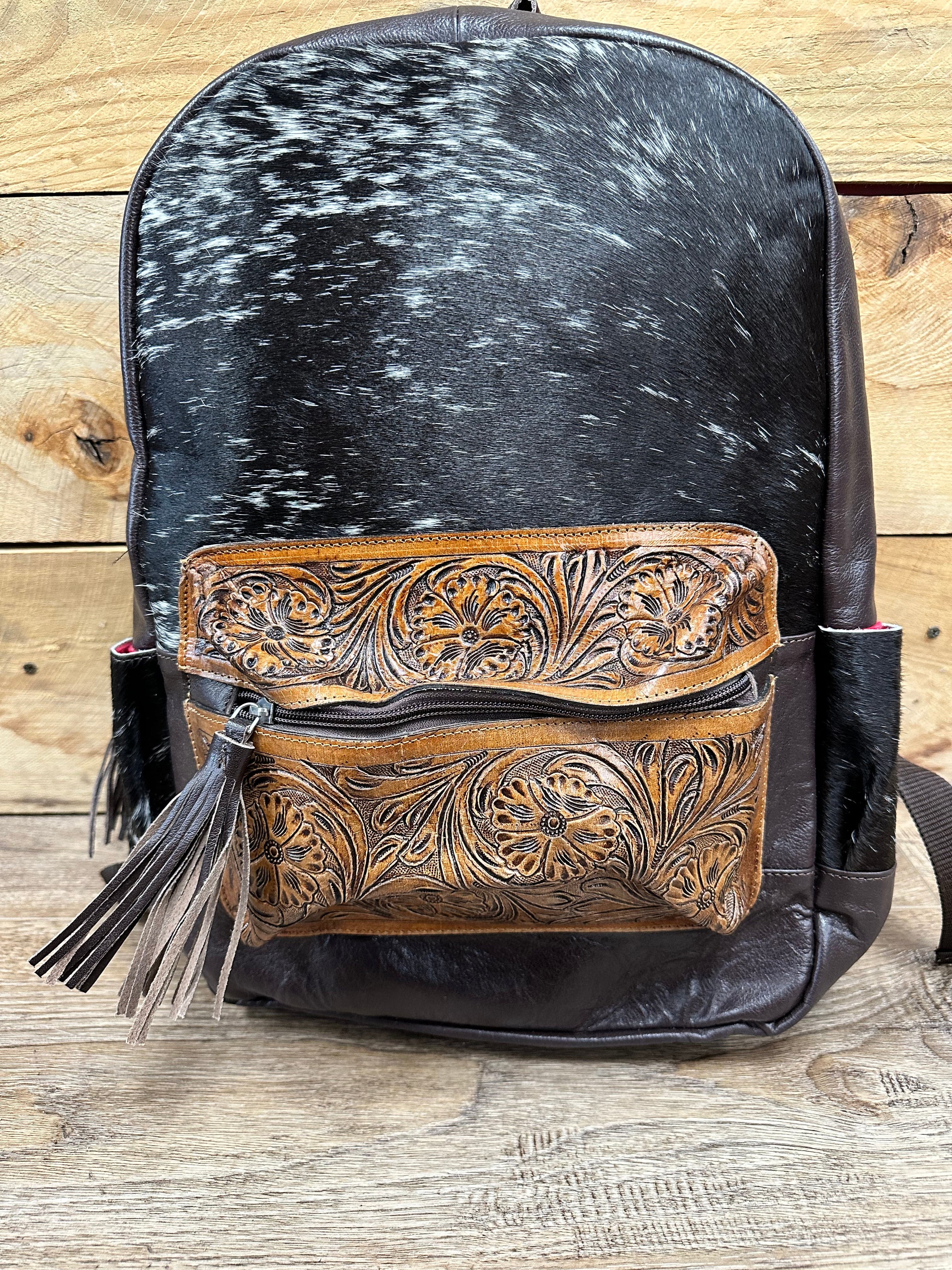 Premium Genuine Cowhide Leather Backpack with Hand-Tooled Pocket - Durable & Stylish for Travel, Work & Outdoor Adventures