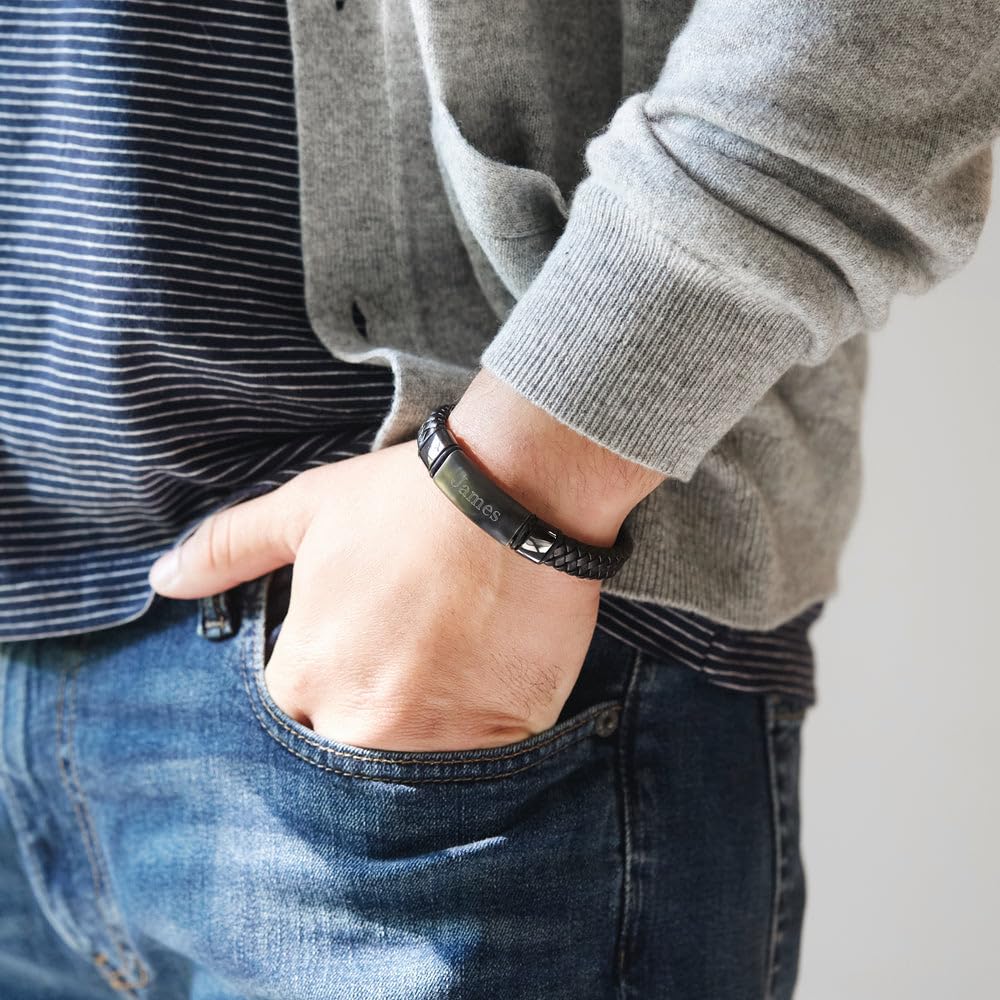 Custom Engraved Leather Bracelet for Men - Personalized Name ID Bracelet in Black - Stylish Men's Jewelry Gift for Birthday, Anniversary & Special Occasions - Perfect for Casual Wear, Date Nights & Gifting