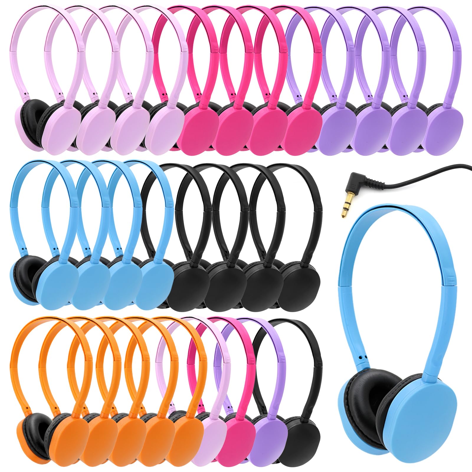 30 Pack Kids Bulk Headphones for Classroom School - 3.5mm Jack Headphones for Students, Children & Adults - Durable Library & Office Headphones with Tangle-Free Cord (6 Mixed Colors) - Perfect for Online Learning, Computer Labs & Study Sessions