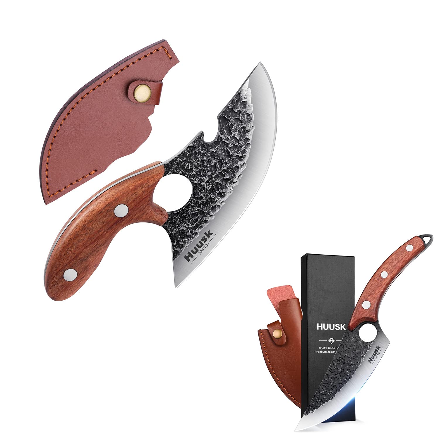 Premium Huusk Chef Knife & BBQ Beer Knife Set - Handcrafted Japanese Steel Blades with Leather Sheath & Gift Box - Perfect for Cooking, Outdoor Grilling, Camping & Gifts for Chefs
