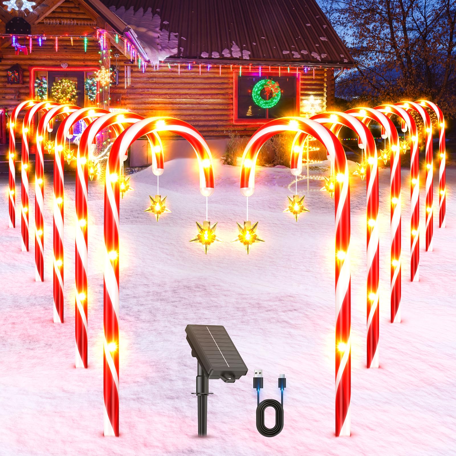 12 Pack Solar Candy Cane Lights Outdoor Christmas Decorations - USB-C Rechargeable Pathway Lights with 10 Lighting Modes | Waterproof Xmas Yard Decor for Garden, Patio, Walkway & Holiday Party Decorations