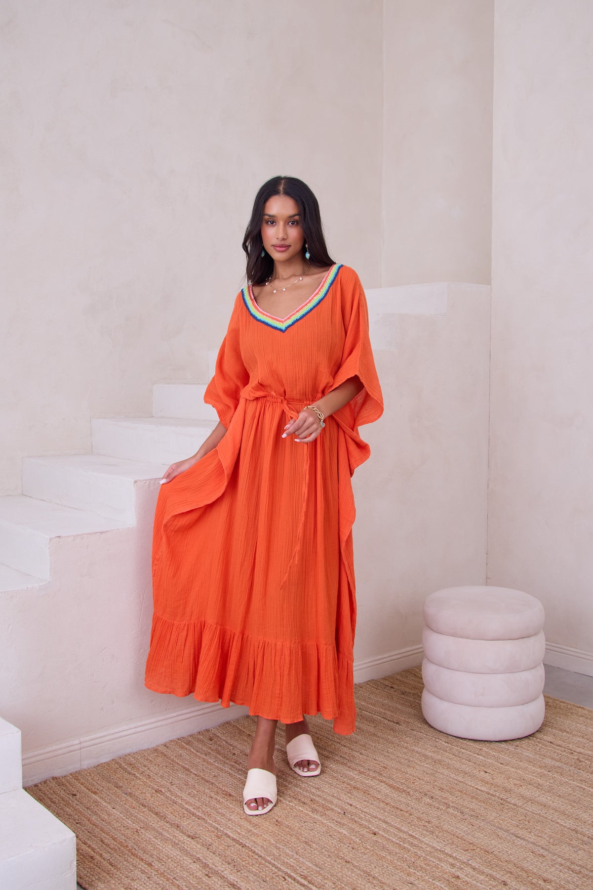 Crochet Rainbow Kaftan Maxi Dress - Boho Chic Beach Cover Up for Women - Perfect for Summer Vacations, Pool Parties & Music Festivals