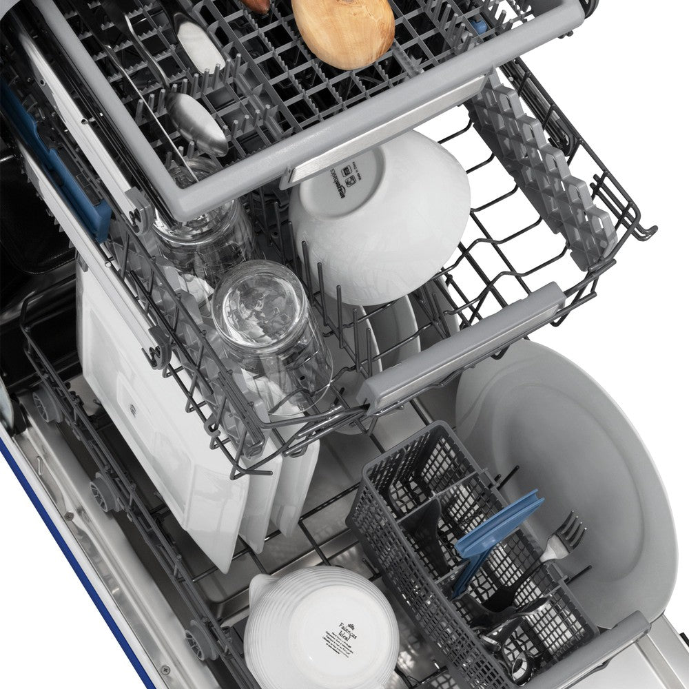 ZLINE 18 Inch Tallac Series 3rd Rack Top Control Dishwasher - Stainless Steel Tub with Blue Gloss Panel, 51dBa (DWV BG 18) | Perfect for Modern Kitchens, Small Spaces & Energy-Efficient Homes