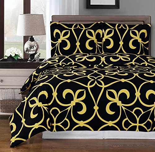 Luxury Royal Hotel Bedding Black & Gold 4-Piece Queen Comforter Set - 100% Premium Cotton, 300 Thread Count - Elegant Victorian Style for Master Bedroom & Guest Room Decor