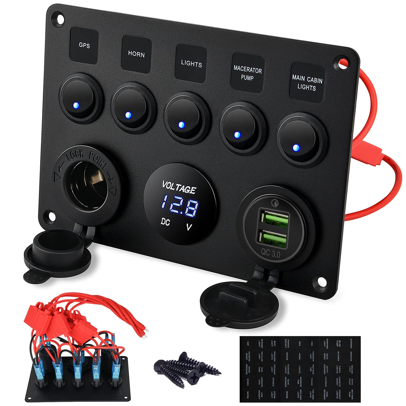 Kohree 12V 5 Gang Marine Switch Panel with USB Port, LED Digital Voltmeter & Cigarette Lighter - Waterproof Rocker Toggle Switch Panel for Boats, Yachts, RVs, and Marine Applications - Perfect for Electrical System Control and Device Charging on Watercrafts