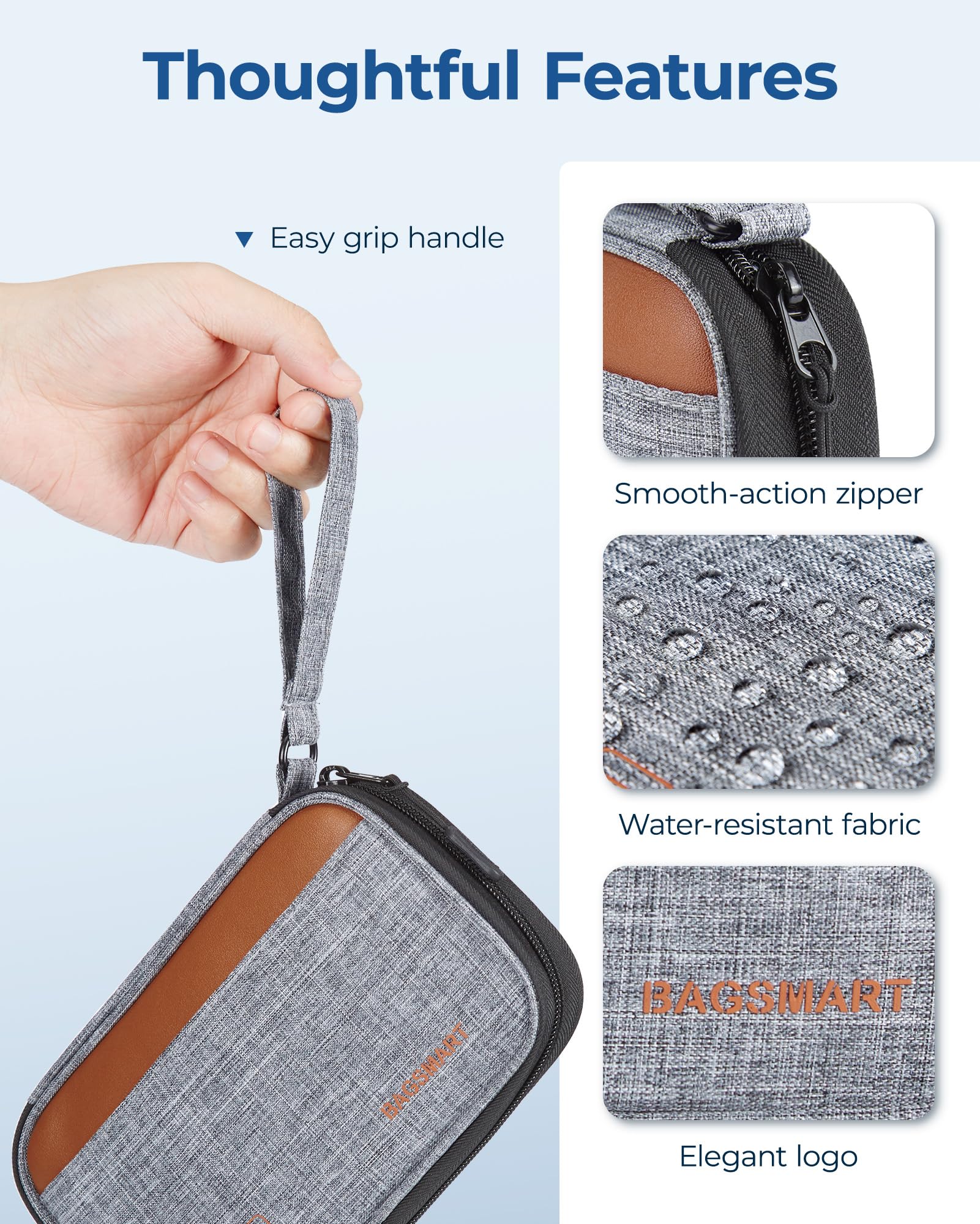 BAGSMART Electronics Organizer Travel Case - Small Cable Organizer Bag for Charger, Phone & Tech Accessories - Gray - Perfect for Business Trips, Vacations & Daily Commute