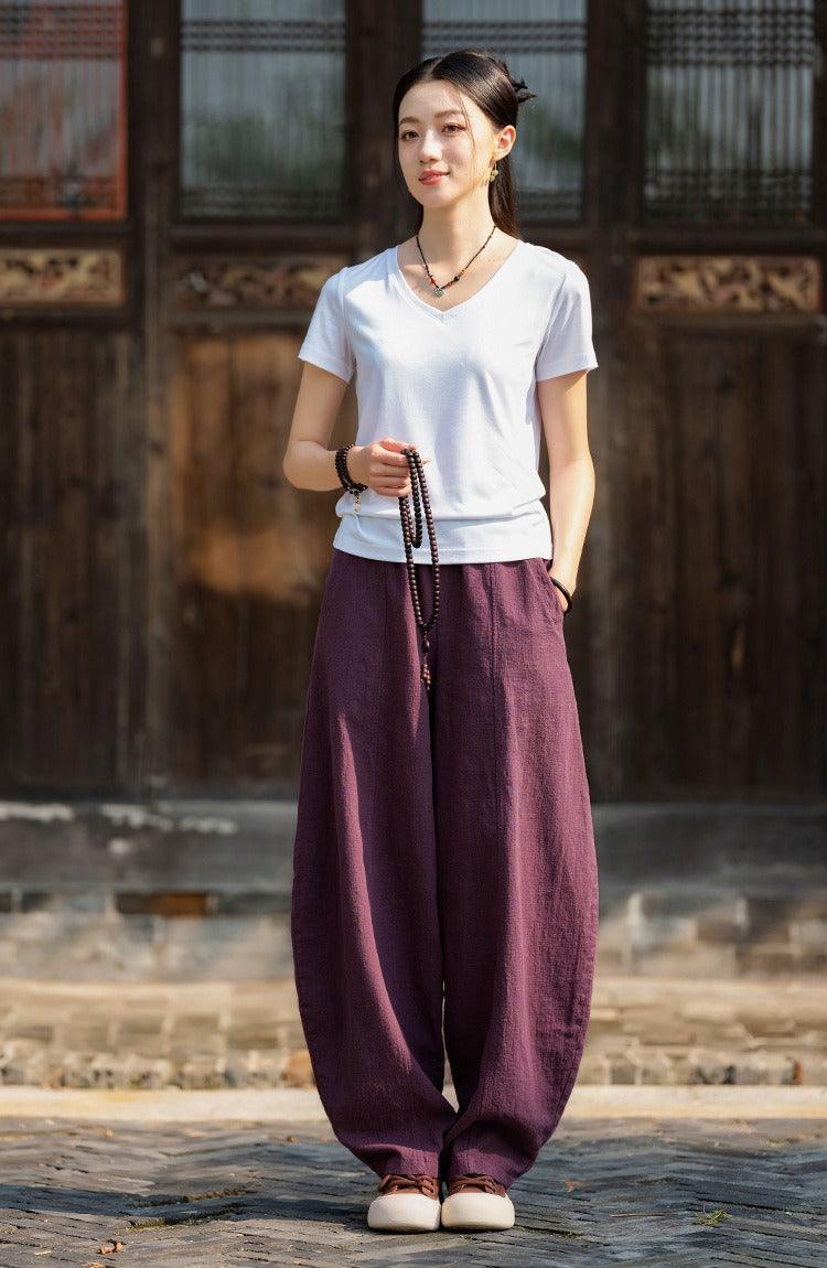 Women's Linen Harem Pants - Elastic Waist Large Loose Fit for Yoga, Meditation, and Relaxation at Home or Beach
