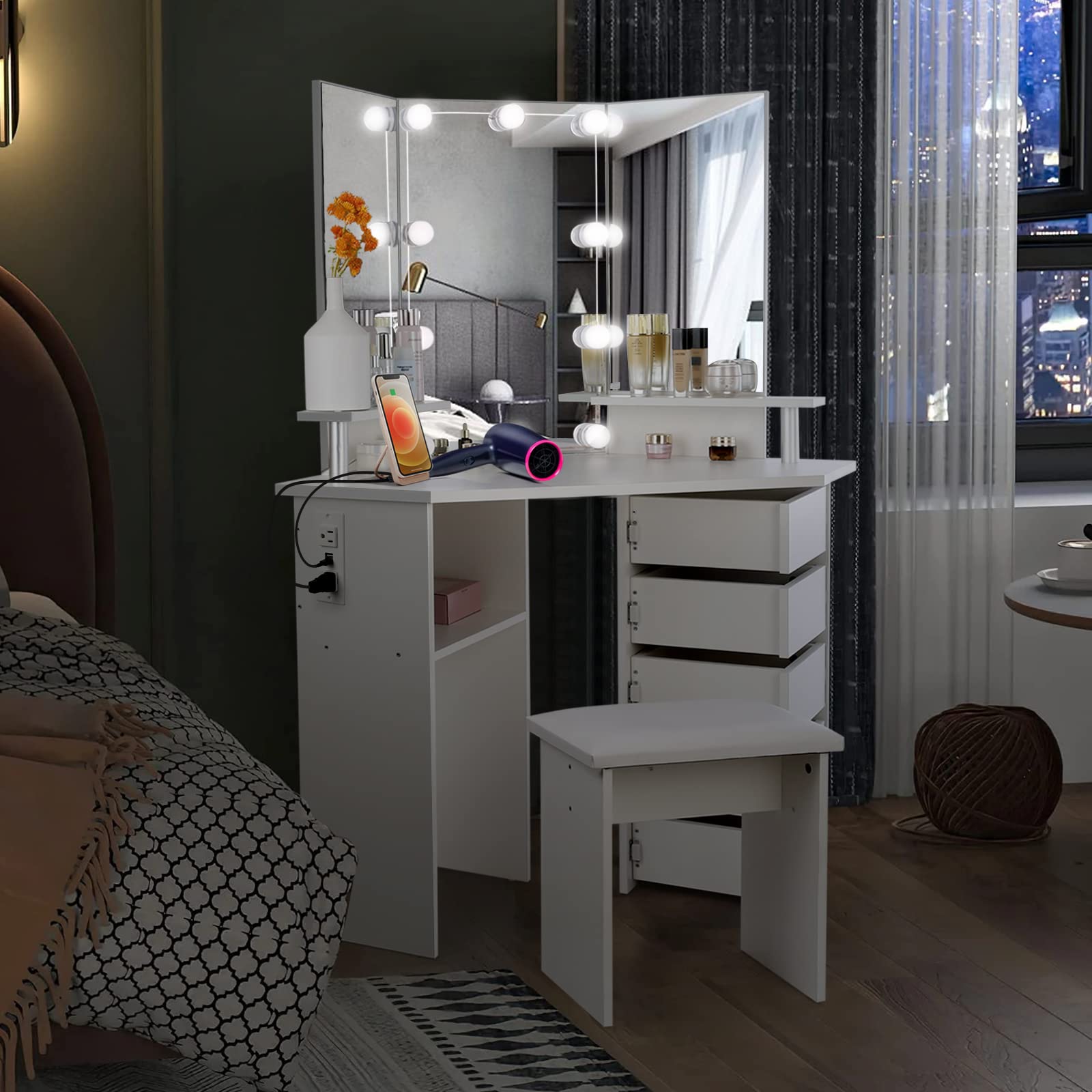 VOWNER LED Vanity Mirror with Lights - Adjustable Brightness Makeup Vanity Desk with Power Outlet, 3 Color Lighting Modes, 5 Spinning Drawers & Storage Shelves, Includes Stool - Perfect for Bedroom, Dressing Room & Home Beauty Station (White)