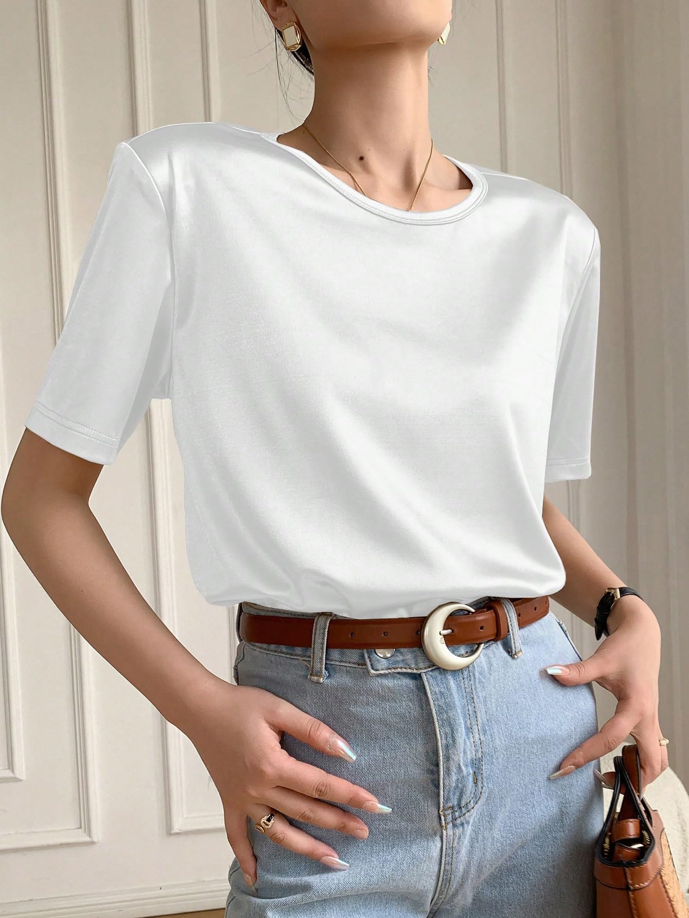 COZYEASE Women's Metallic Crewneck Short Sleeve T-Shirt - Casual Party Top for Women | Perfect for Night Out, Club Wear & Summer Fashion