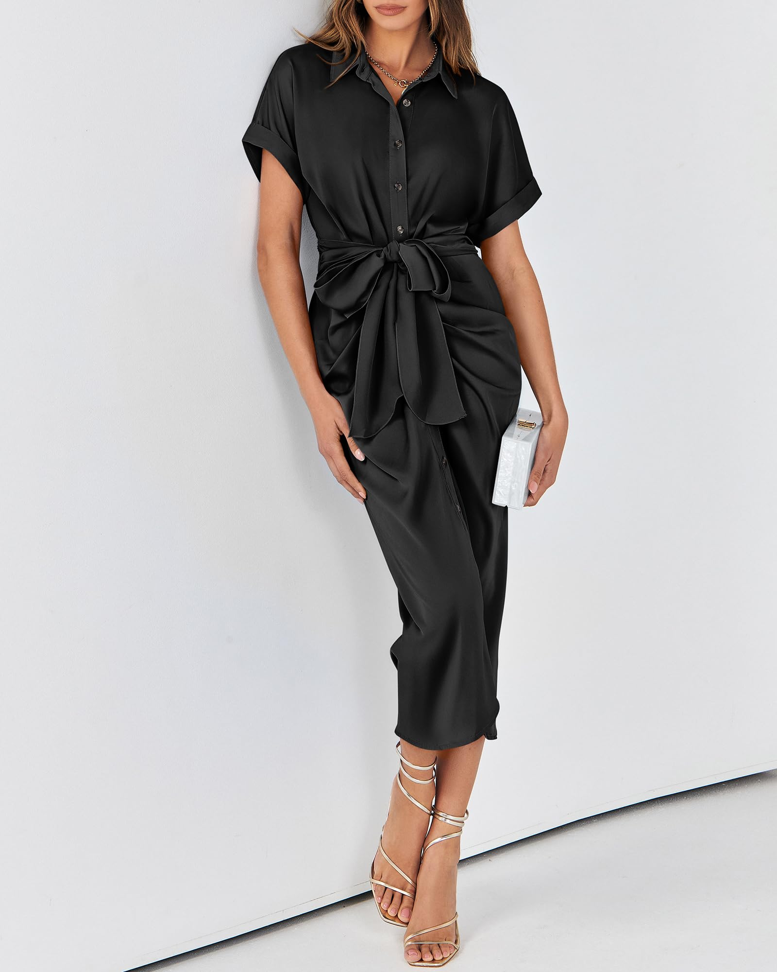 BTFBM Women's Elegant Ruched Button Down Shirt Dress - Short Sleeve Lapel V-Neck Satin Maxi Dress for Spring & Summer | Perfect for Parties, Weddings & Formal Occasions