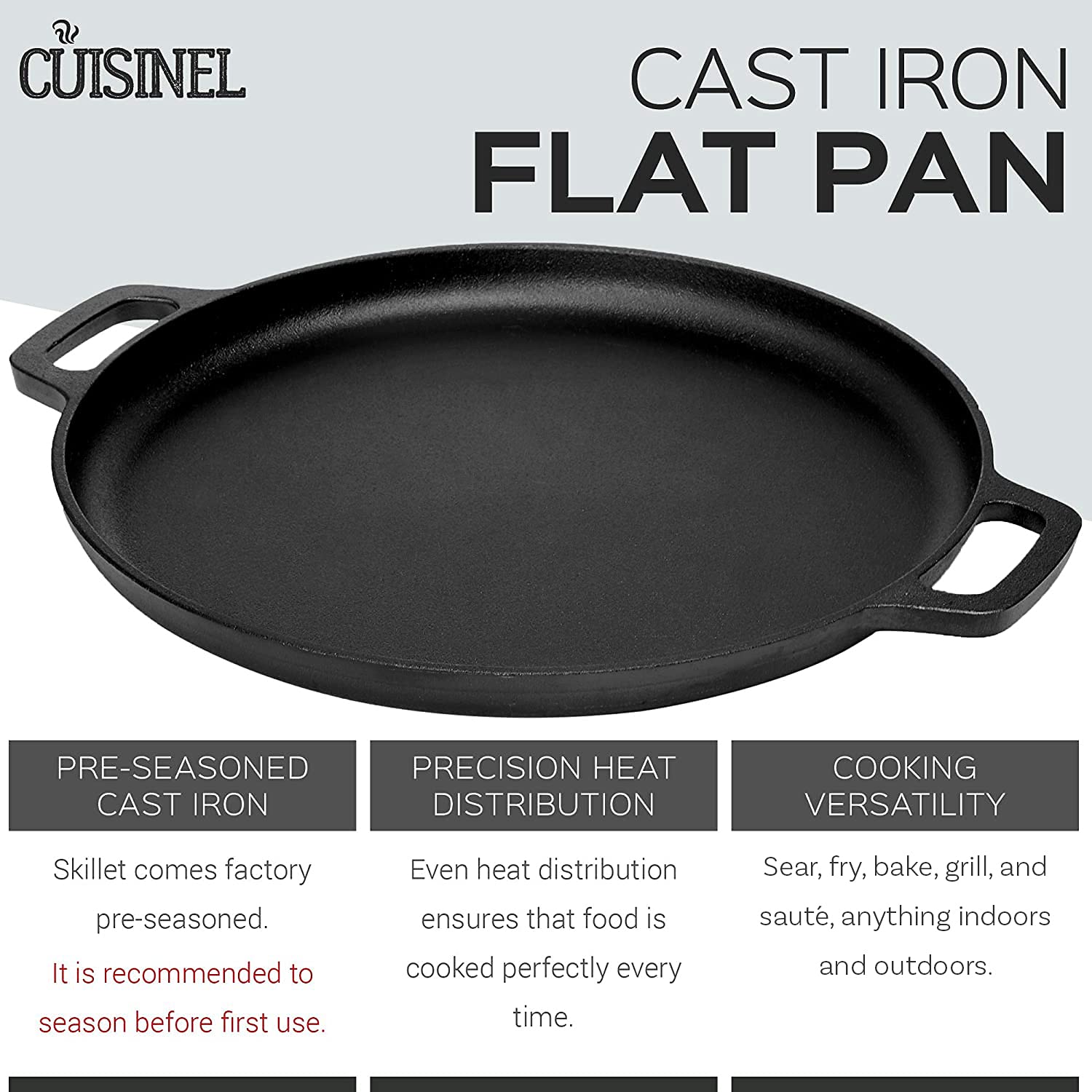 Cuisinel 13.5 Inch Pre-Seasoned Cast Iron Pizza Pan - Natural Finish, Superior Heat Retention for Perfect Baking - Oven, Stove, Grill & Campfire - Ideal for Homemade Pizza, Bread, Cookies & Outdoor Cooking