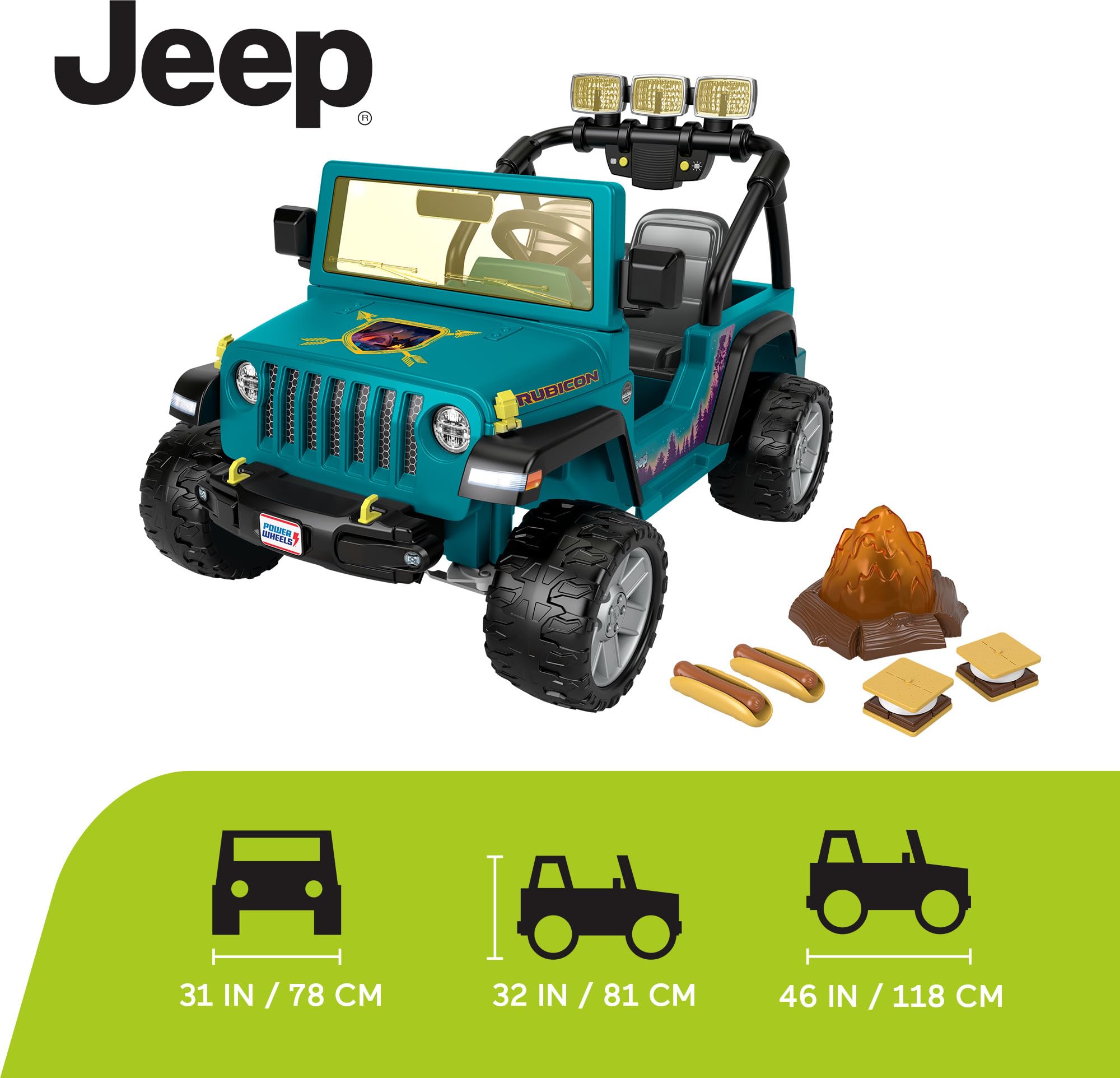 Power Wheels Camping Jeep Wrangler Ride-On Toy for Kids with Pretend Food & Camping Gear - 12V Battery-Powered, LED Lights, 2-Seater, Ages 3-7 Years - Perfect for Outdoor Play, Backyard Adventures & Pretend Camping Fun