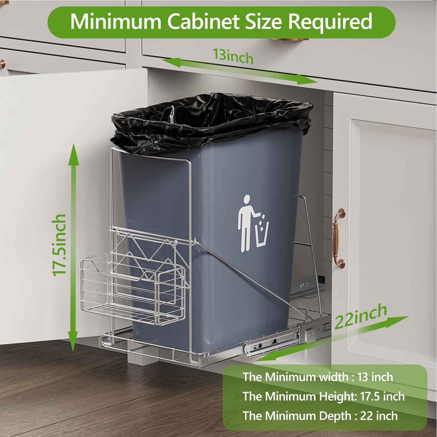 Under Cabinet Pull Out Trash Can with Removable Front Basket - 7-11 Gallon Garbage Bin Storage Solution for Kitchen, Bathroom & Office (Trash Can Not Included) - Space Saving & Odor Control Design