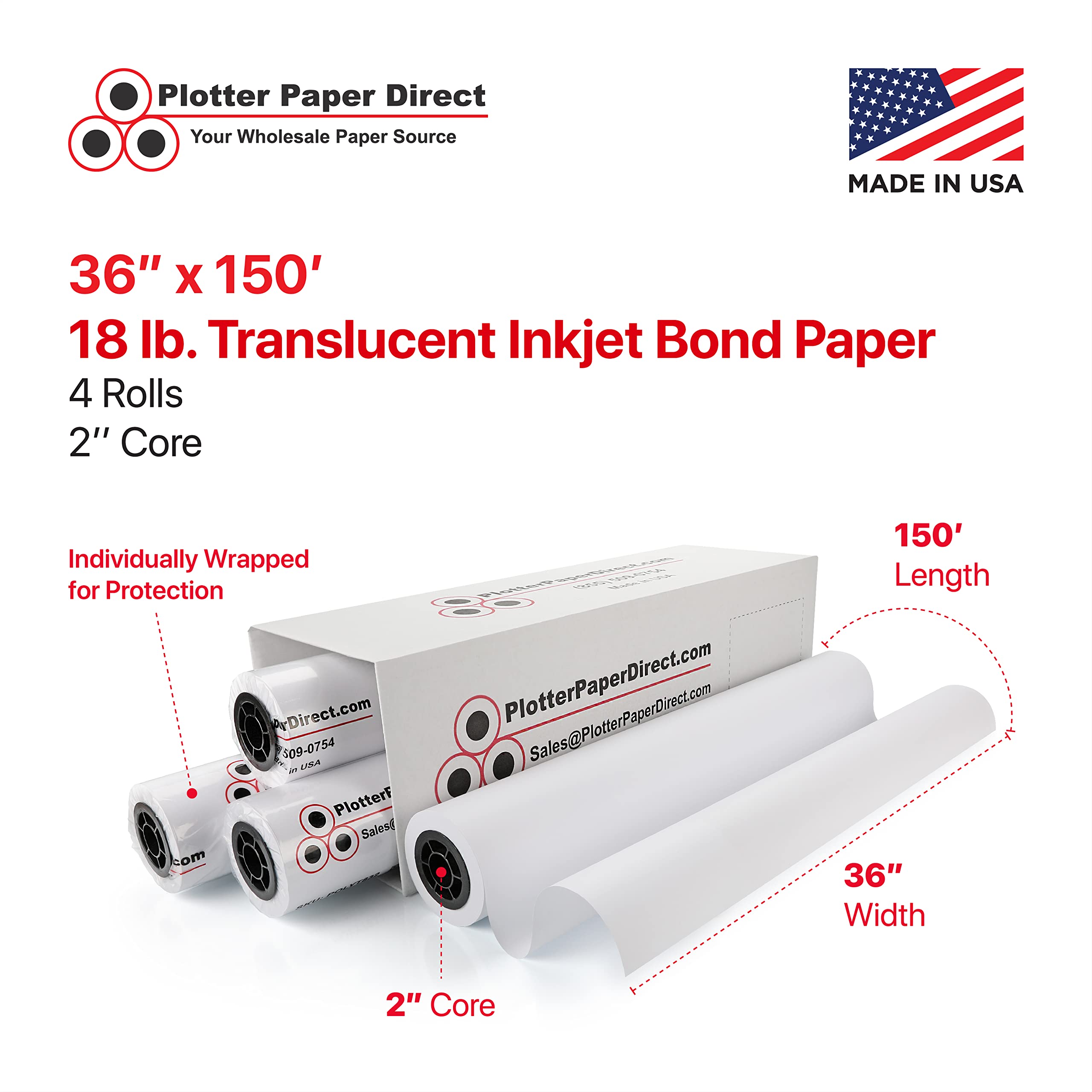 Premium 18lb Translucent Plotter Paper - 4 Rolls, 36