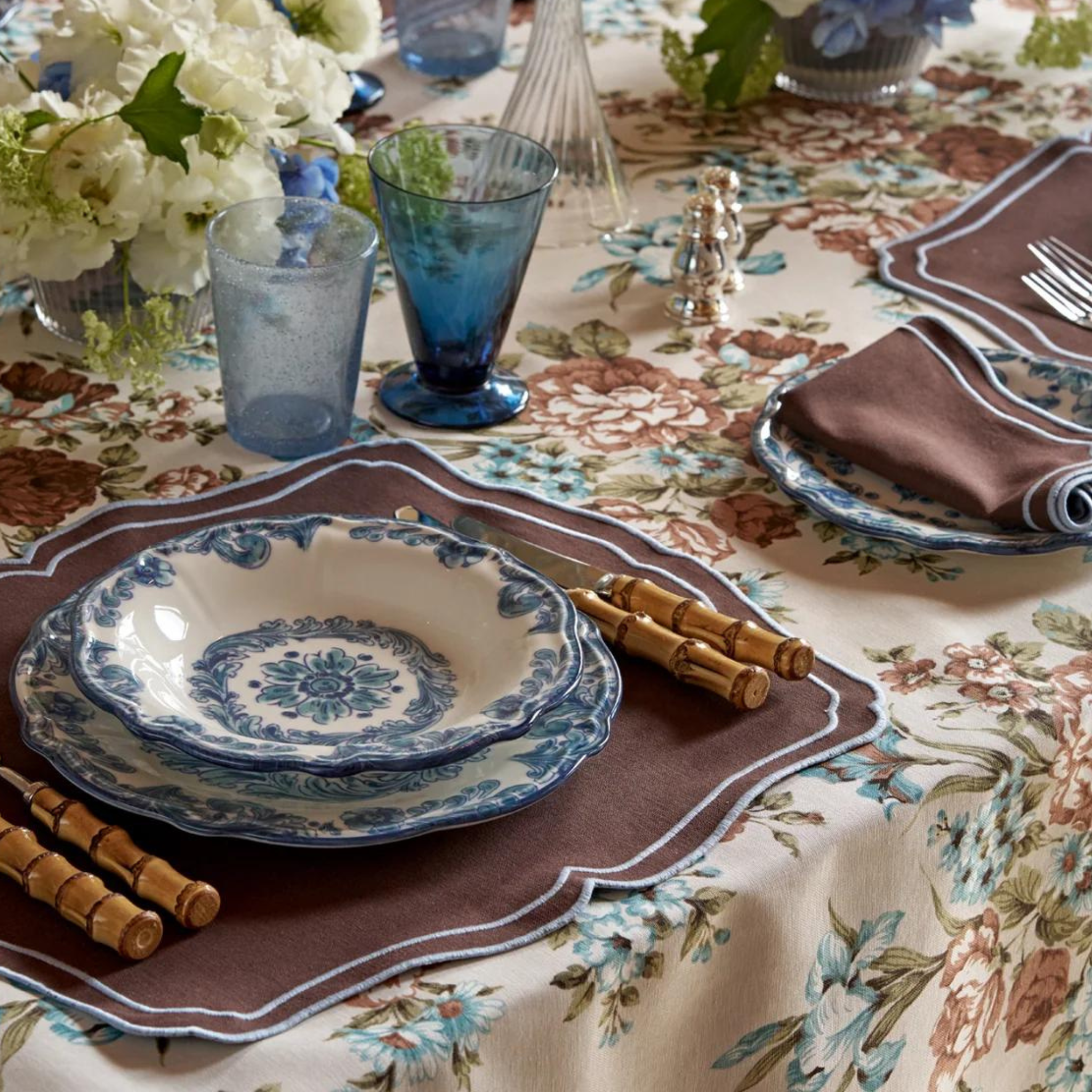 Elegant Brown and Turquoise Floral Tablecloth - Waterproof Washable Rectangular Dining Table Cover for Home, Party, Wedding & Outdoor Events