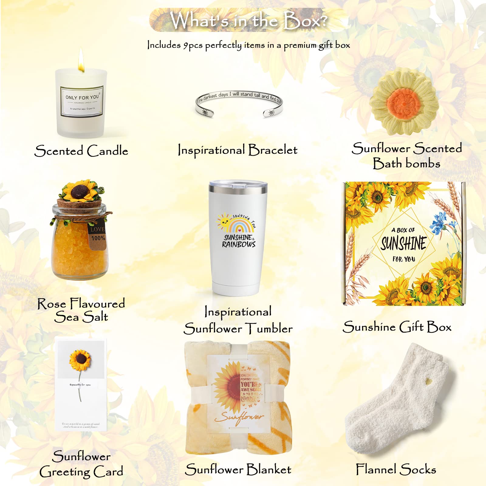 9 Pcs Spa Gift Set for Women - Sunflower Themed Birthday & Holiday Gifts for Mom, Wife, Sister, Girlfriend - Relaxing Self-Care Basket for Mother's Day, Christmas, Valentine's Day