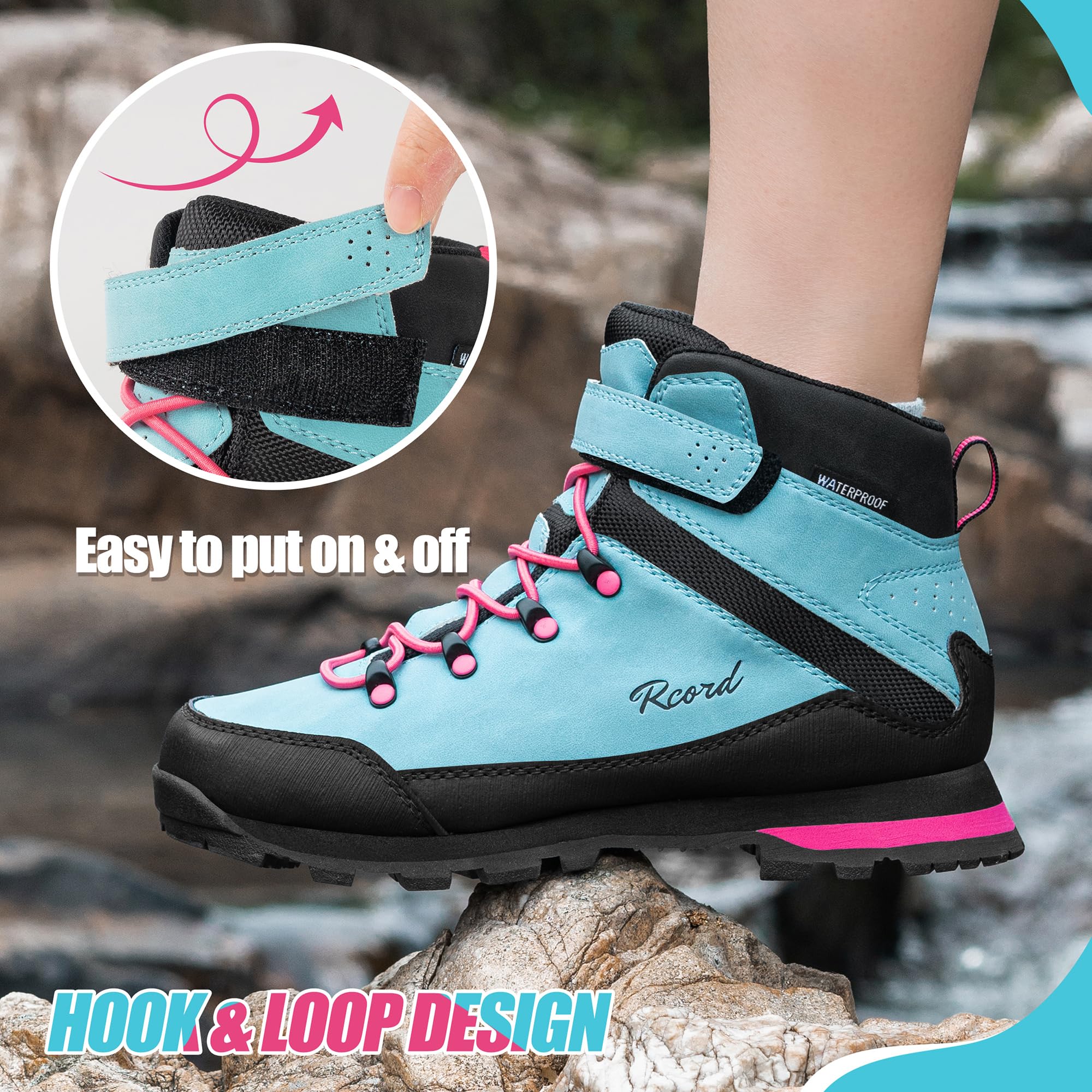 **Waterproof Kids Hiking Boots for Boys & Girls - Durable TPR Traction Outsole, Anti-Skid Design, Hook & Loop Closure - Perfect for Outdoor Adventures, Trail Hiking, and Playground Activities**