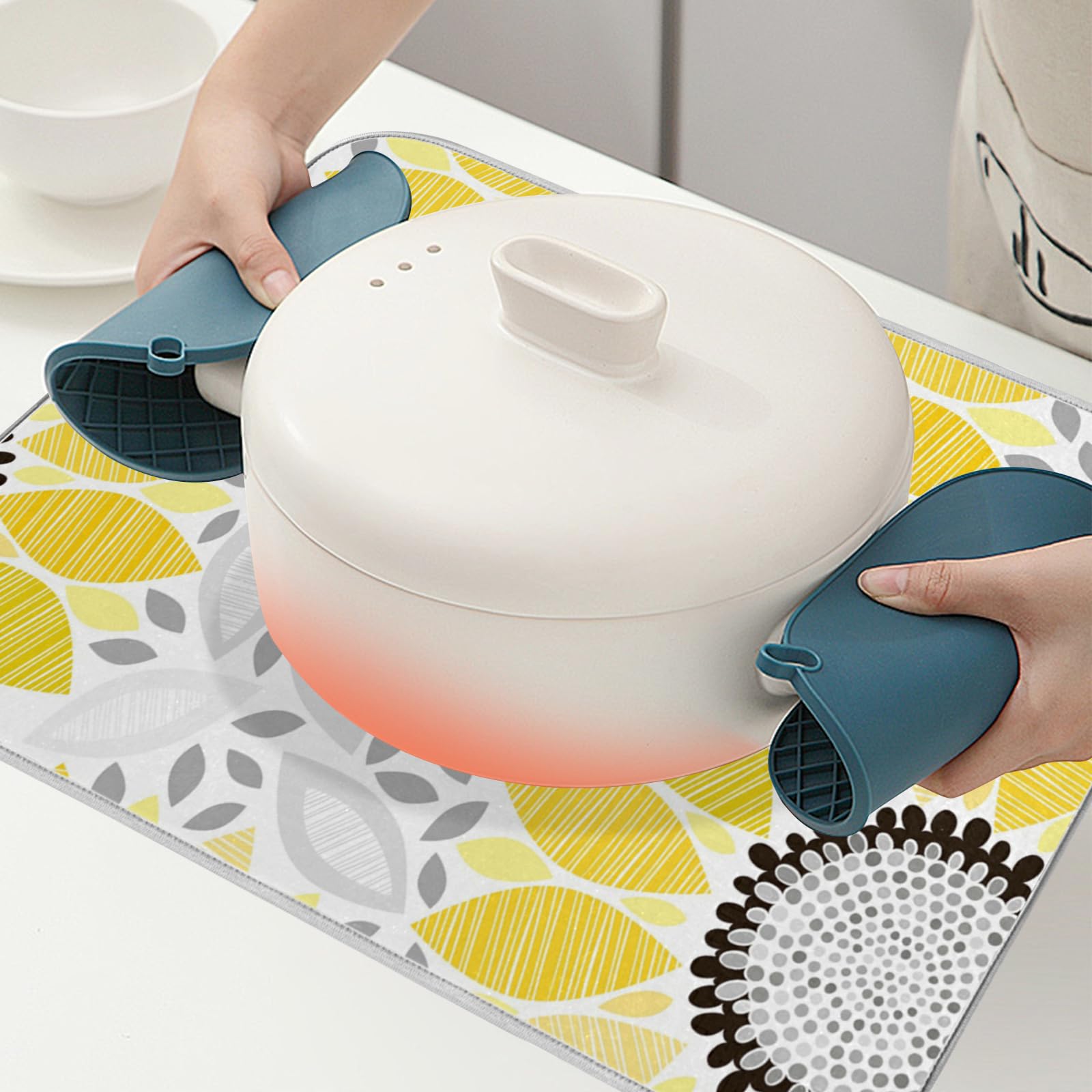 Absorbent Sunflower Dish Drying Mat 18x24 Inch - Non-Slip Kitchen Counter Drying Pad for Plates, Cups & Utensils | Perfect for Kitchen Countertops, Sink Areas & Dish Racks