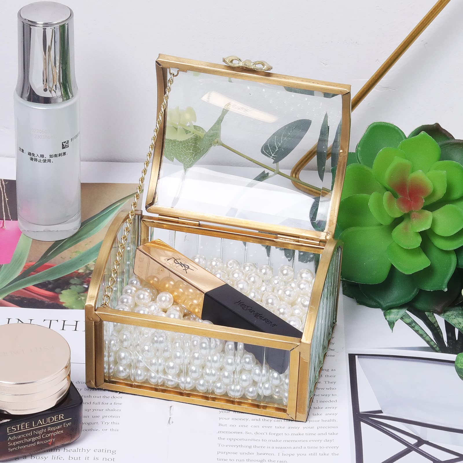 LONGSHENG Elegant Gold Jewelry Trinket Box - Glass Decorative Storage Box for Bracelets, Necklaces, Rings & Watches - Perfect for Vanity, Dresser & Gift Giving (Small Size) - Since 2001