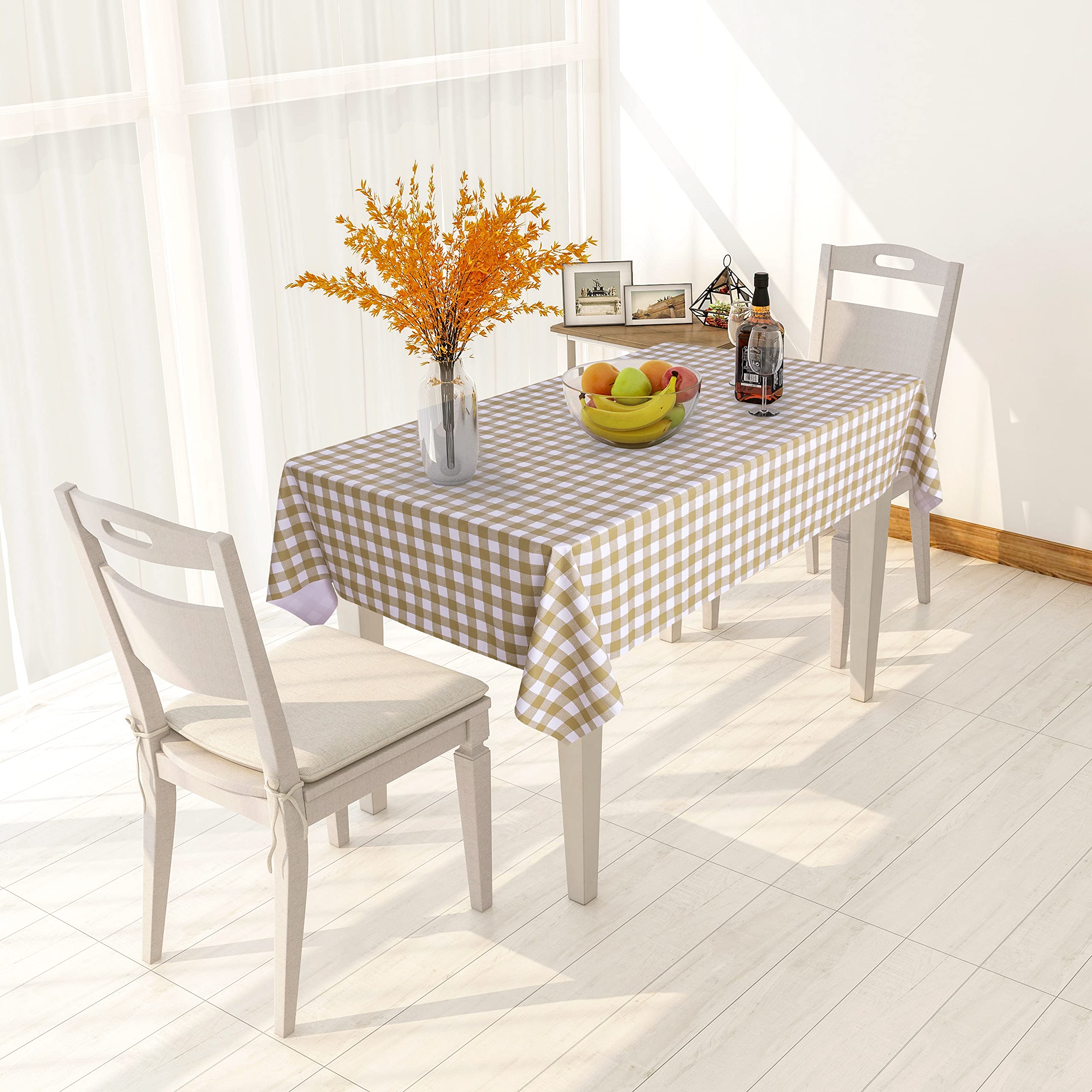 Sancua Checkered Vinyl Rectangle Tablecloth 54x108 Inch - 100% Waterproof Oil Proof Spill Proof PVC Table Cover for Dining, Buffet, Camping - Easy Wipe Clean - Khaki White Check Pattern - Perfect for Outdoor Picnics, Restaurant Use & Holiday Decorations