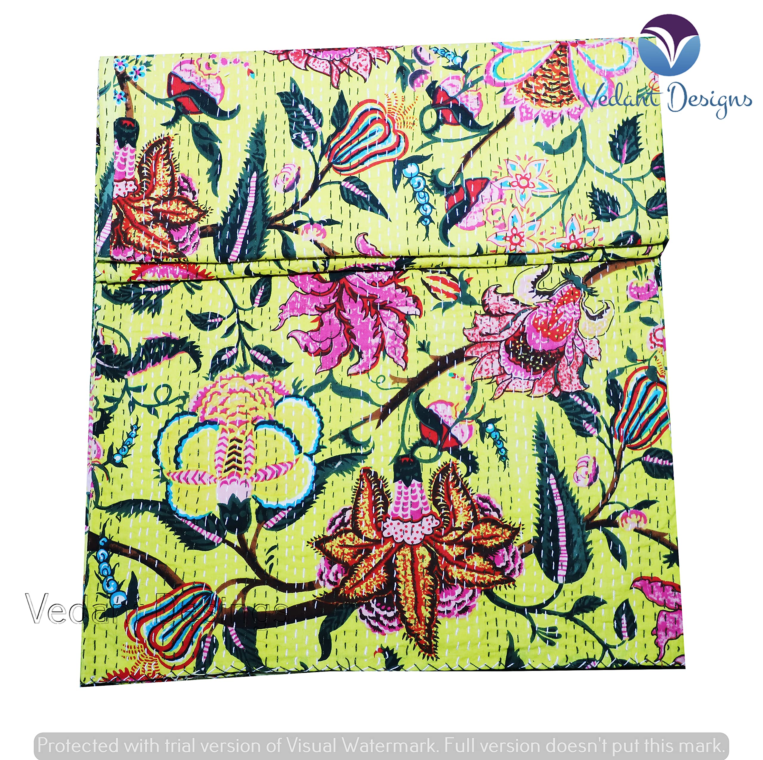 Handmade Indian Kantha Quilt - 100% Cotton Bohemian Floral Block Print Bedspread & Throw Blanket (Queen Size, Yellow 02) - Perfect for Boho Bedroom Decor, Cozy Sofa Throws & Unique Gift Ideas