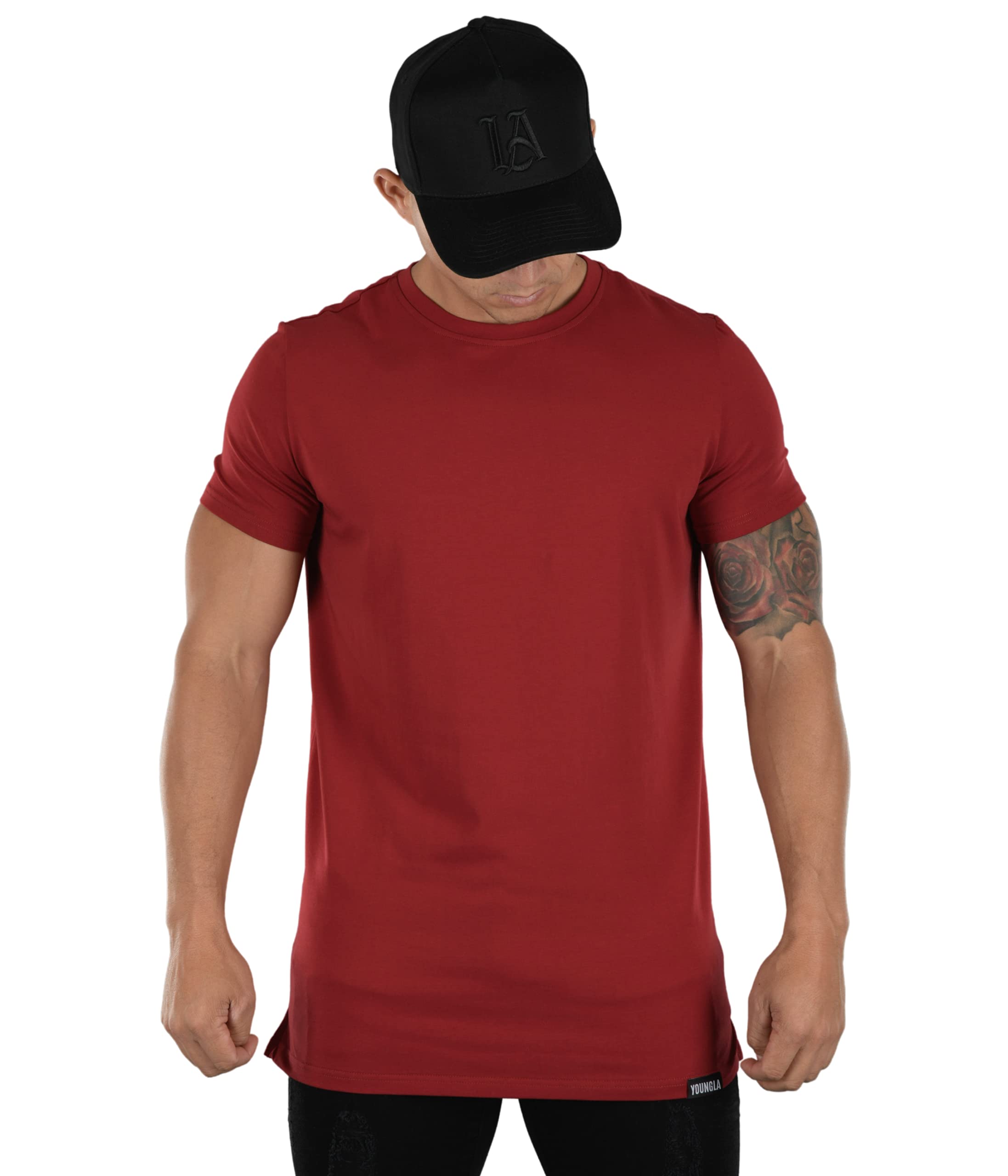 YoungLA Men's Minimalist Fitted T-Shirts | Slim Fit Long Drop Cut Tee for Gym & Workout | Comfortable Cotton Shirt for Training, Running & Casual Wear