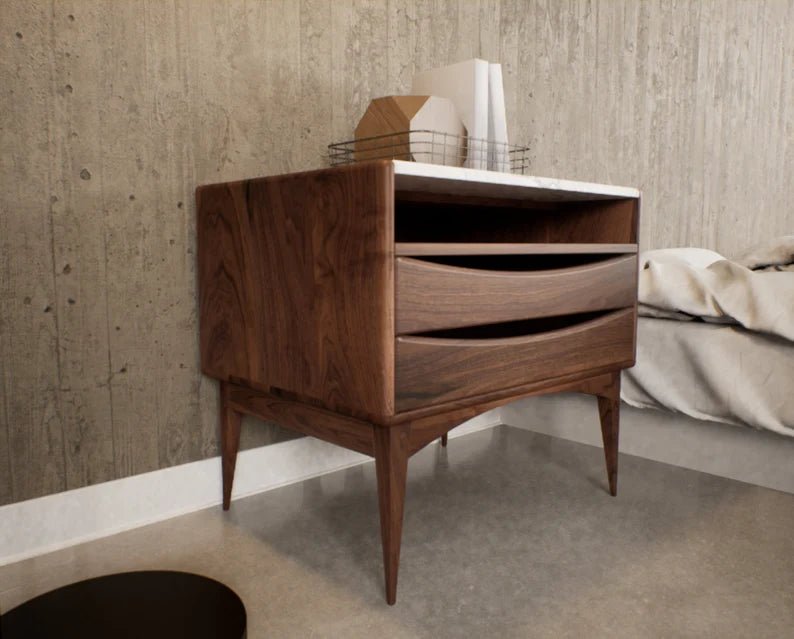 Handmade Solid Wood Nightstand with 2 Drawers & Shelf - Modern Designer Bedside Table for Bedroom, Living Room, or Office Storage