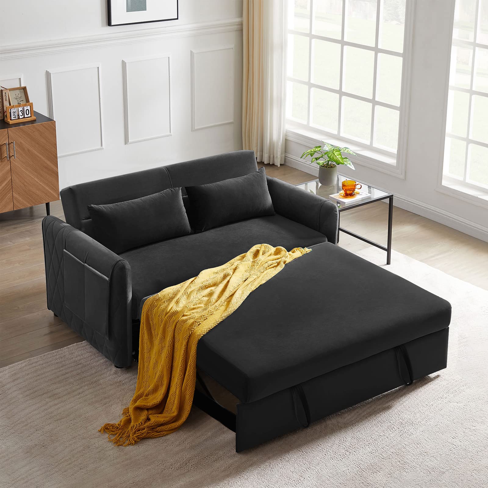 Antetek 55-inch 3-in-1 Convertible Sleeper Sofa Bed - Velvet Loveseat with Pull-Out Bed, Adjustable Backrest, Toss Pillow & Side Pocket - Perfect for Small Spaces, Living Room, Apartment, Dorm (Black) | Space-Saving Multi-Functional Furniture for Guests & Daily Use