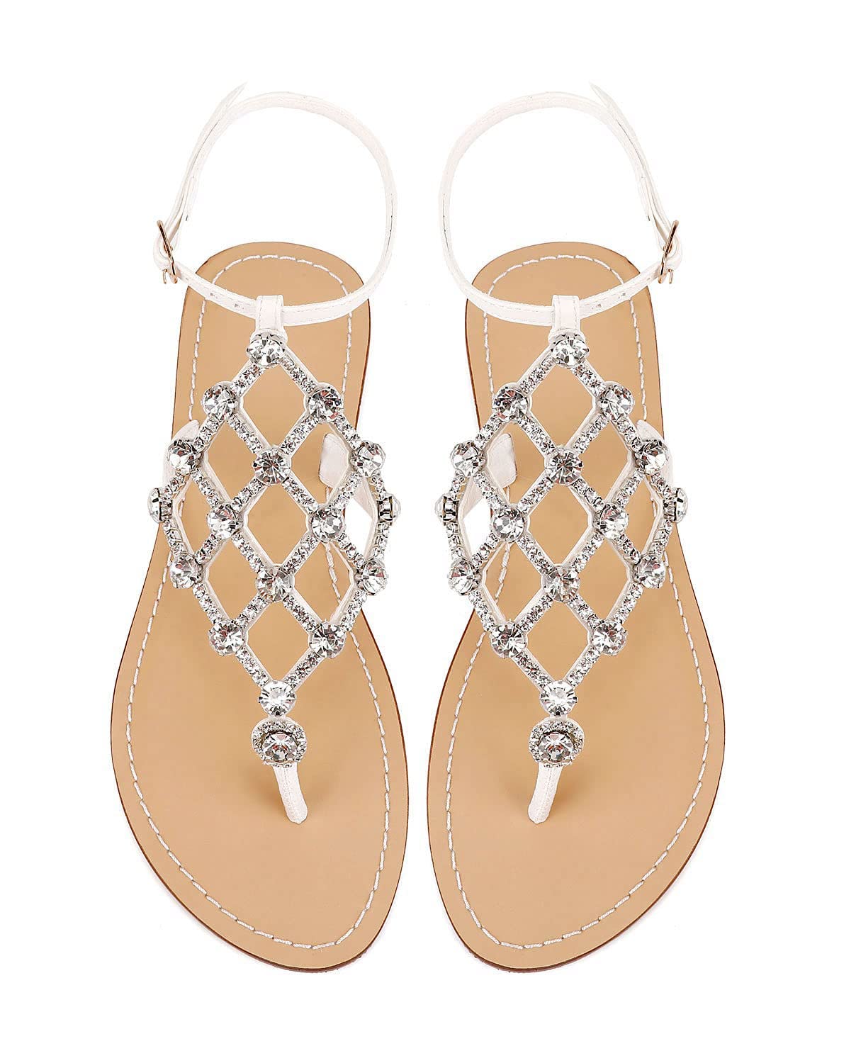 UTIKLIOU Women's Rhinestone T-Strap Flat Sandals - Sparkly Summer Flip Flops for Beach, Pool & Casual Outings