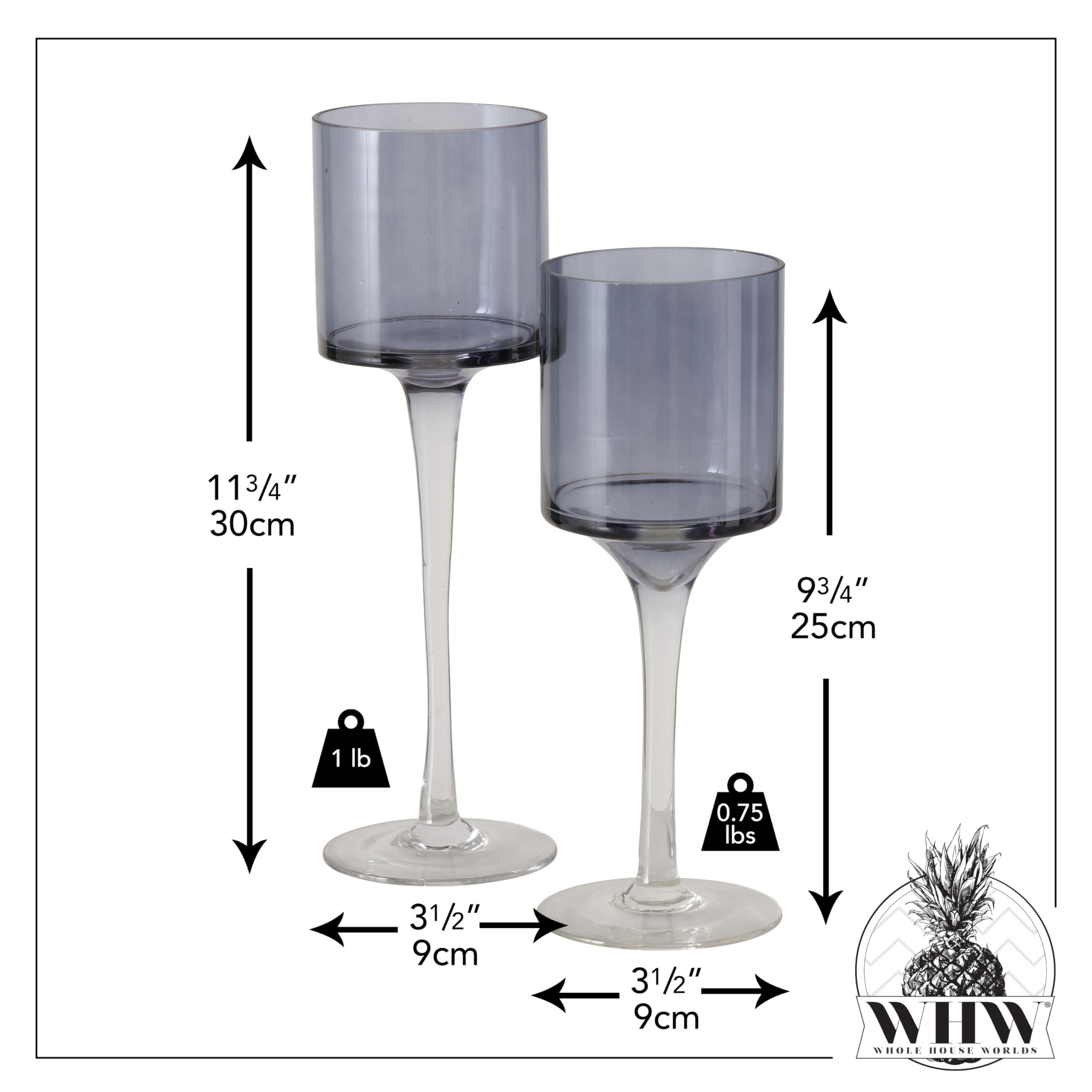 Elegant Glass Goblet Candle Holders Set of 2 - Grey Cups with Clear Stems, 9.75 & 11.75 Inch Lacquered Glass Votive & Tealight Candle Holders for Wedding Centerpieces, Romantic Dinner Decor, and Home Ambiance Lighting