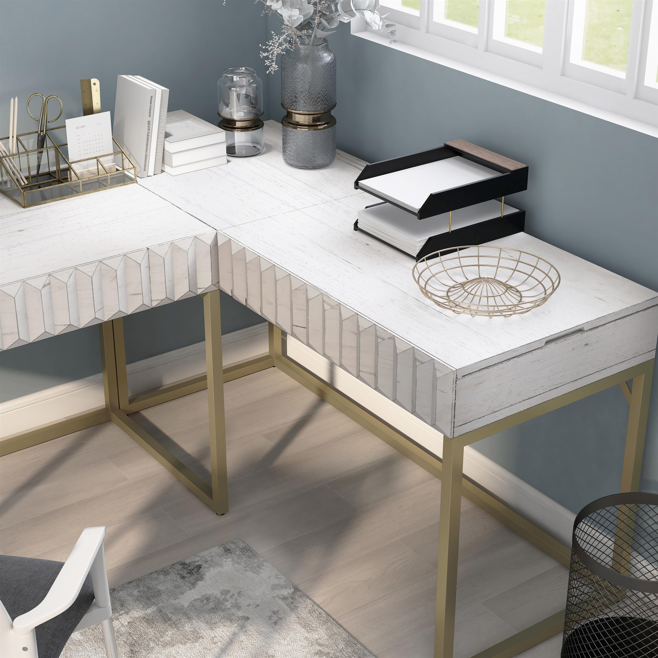 Furniture of America Giffore Wood 2-Piece White Writing Desk Set - Home Office Desk & Chair for Study, Work, and Small Spaces